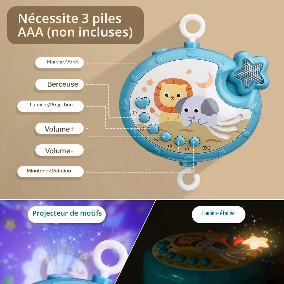 Mini Tudou Bébé Mobile de Berceau Musical avec Projection d'Étoiles et Télécommande, Jouet pour Nouveau-né