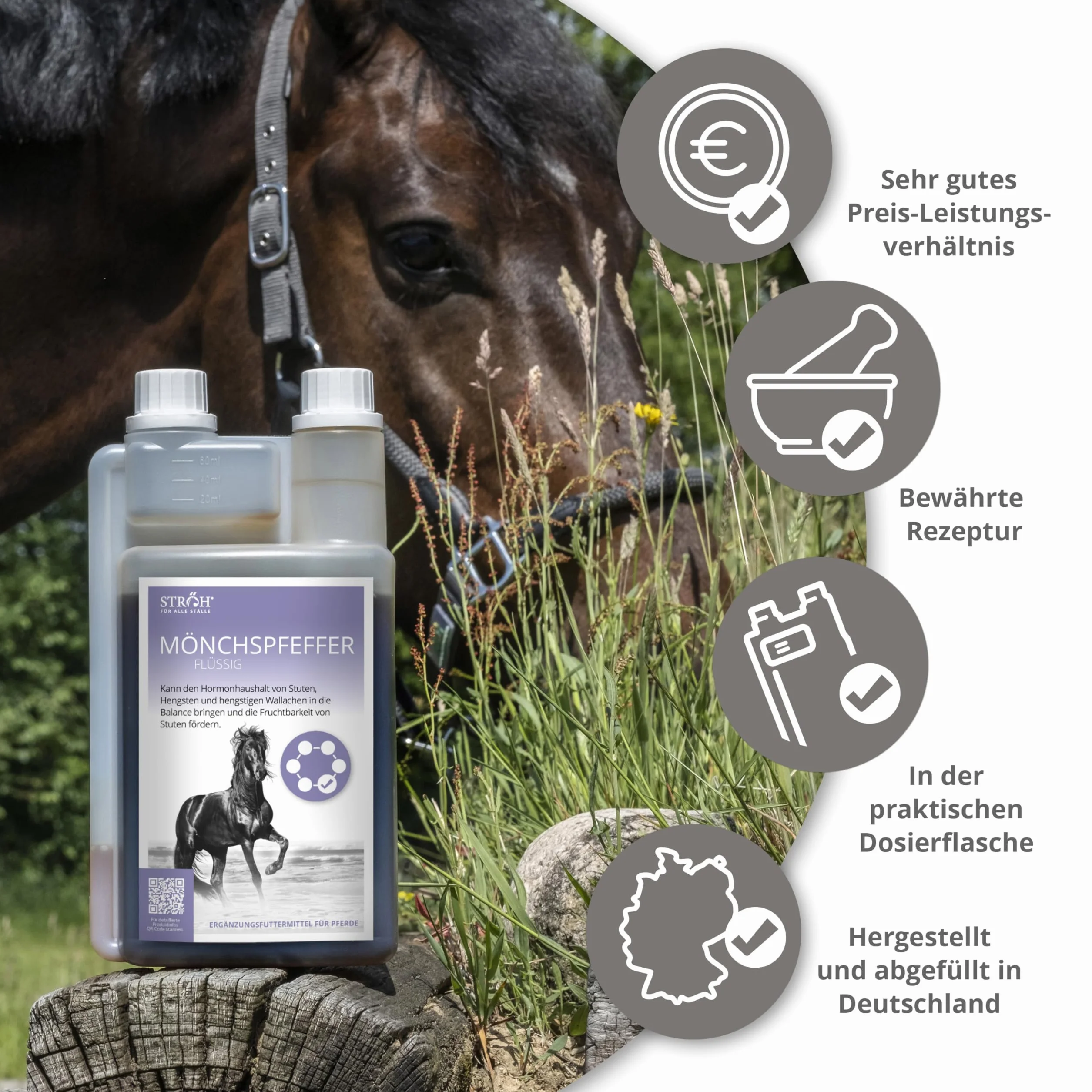 STRÖH Poivre moine pour chevaux 1 l flacon doseur équilibre hormonal juments étalons