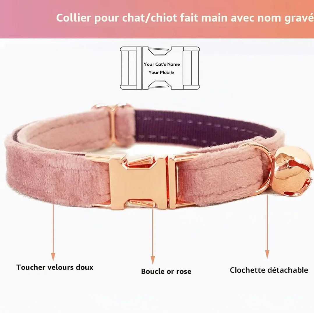 Collier pour chat personnalisé avec étiquette nominative et numéro de téléphone gravés, velours or rose