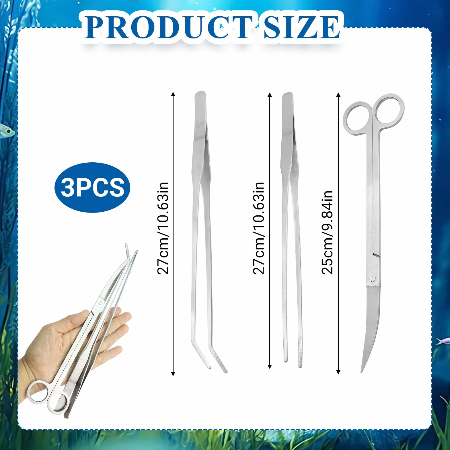 Kit Outils Aquarium Acier Inoxydable 3 Pièces Pince Droite Pince Courbe Ciseaux Aquascaping Entretien Plantes Aquatiques