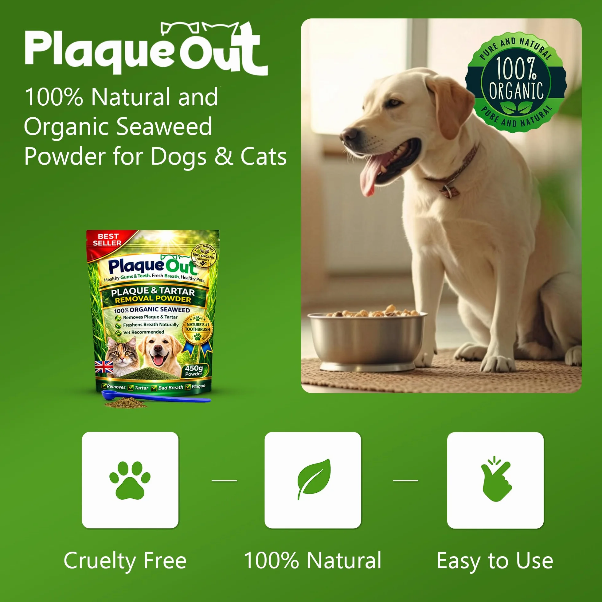Plaque Out Pochette 450 g - Éliminateur de plaque dentaire - Poudre d'algues 100% naturelle pour chiens et chats