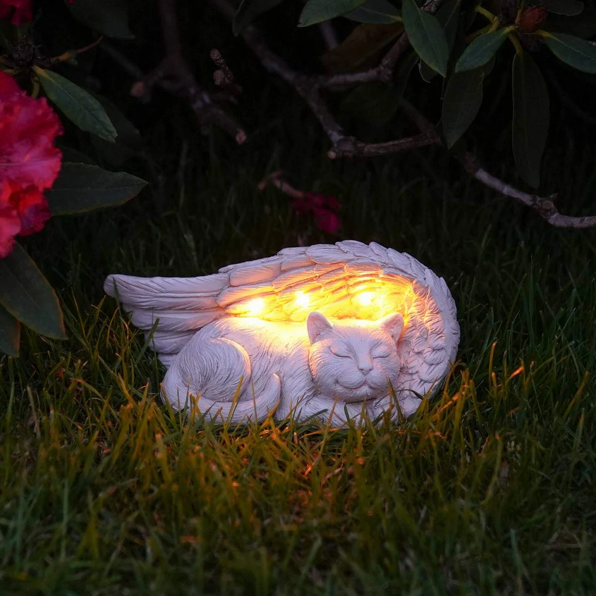 Statue Solaire Commémorative LED Blanc Chaud pour Chats Chiens - Croix Cœur Lumineux - Waterproof 21cm Chat Ailé