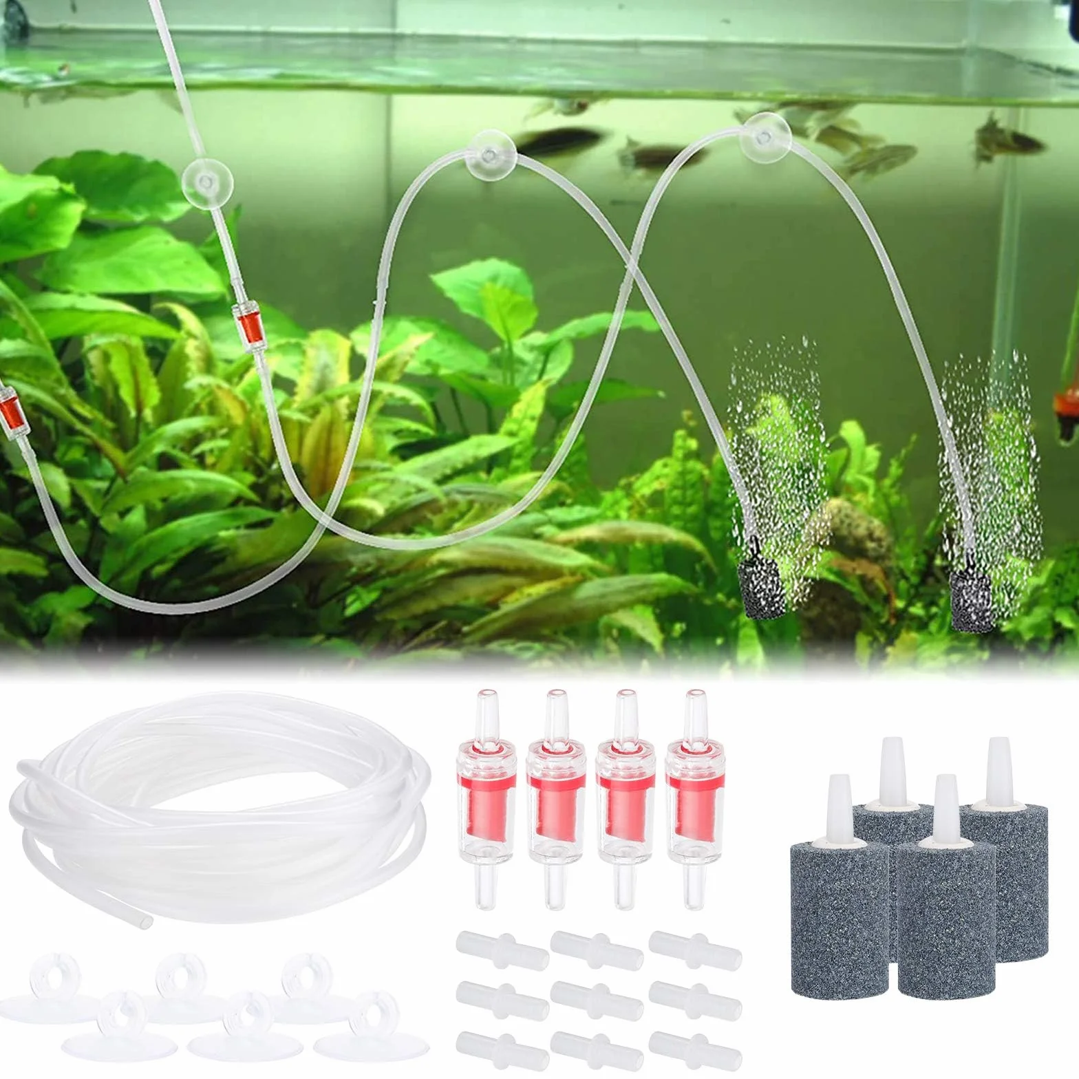 Contrôle du flux d'air pour aquarium, pierres à air, tuyaux 8 m, valves anti-retour, distributeur 4 voies
