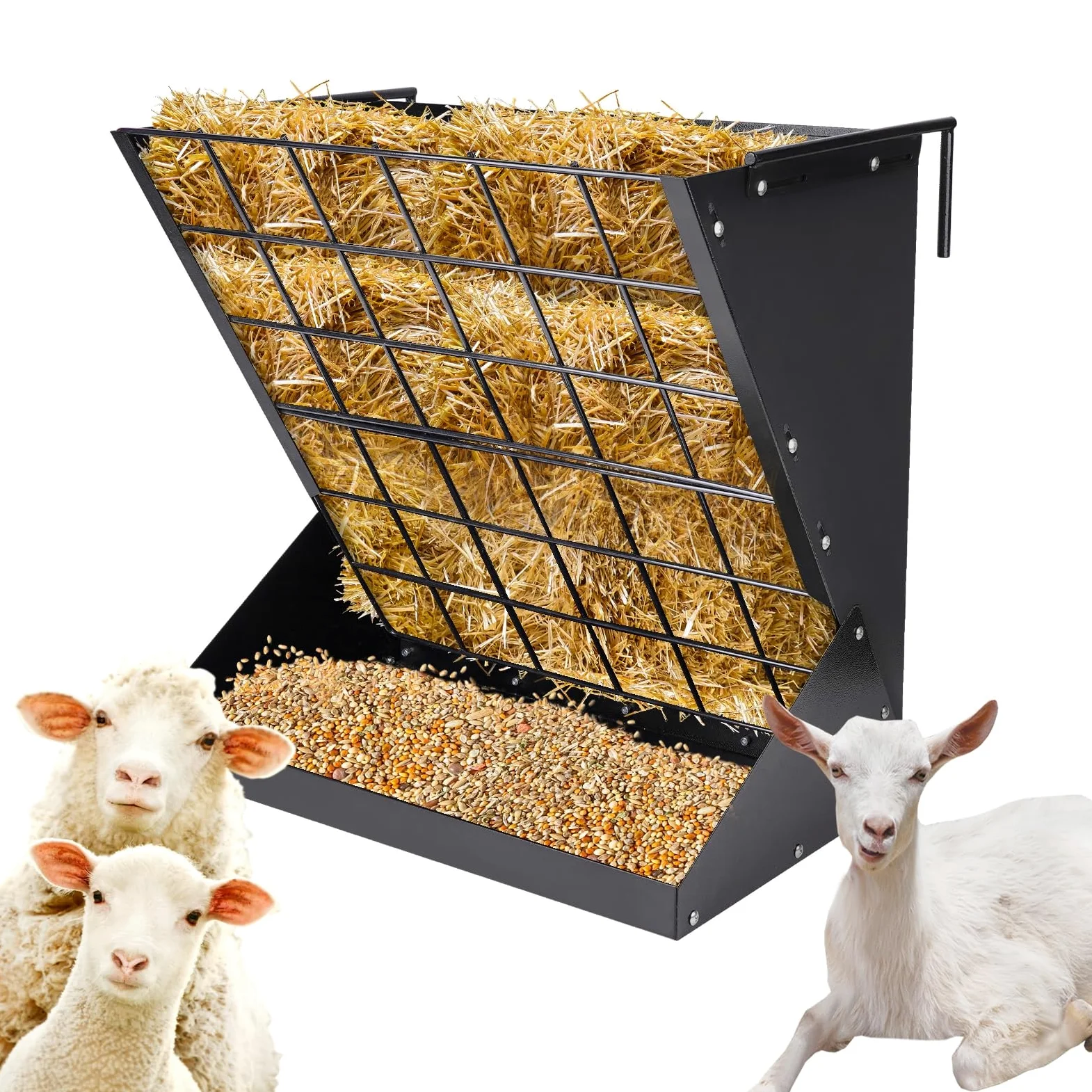 Grand râtelier à foin 2 en 1 pour moutons et chèvres - Râteau à foin suspendu - Grille de conservation et crochets ajustables