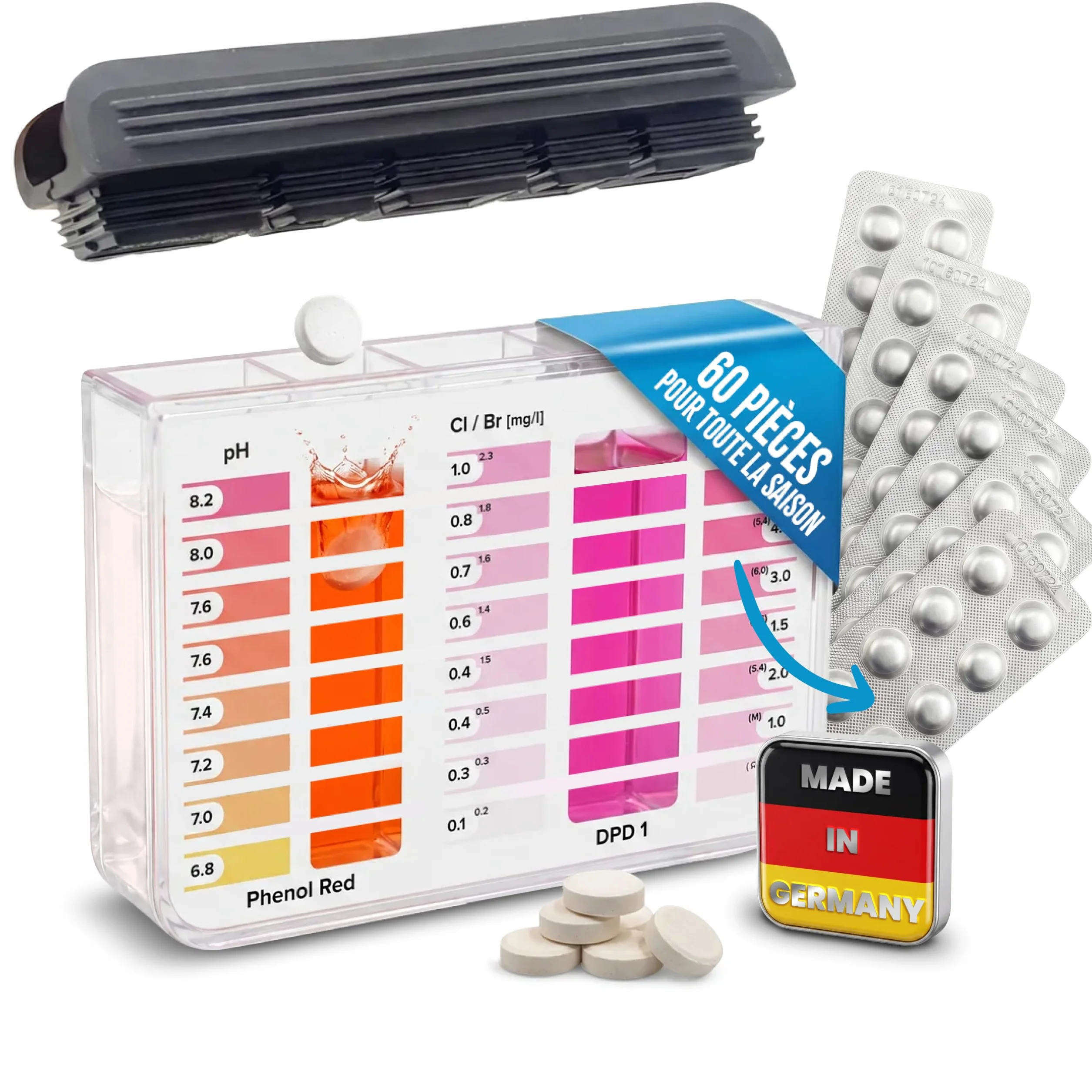 smardy 60 Pastilles de Test pH/Chlore Libre/Brome – pour piscine, spa, whirlpool et eau potable – testeur d'eau manuel avec boîte de rangement – Made in Germany