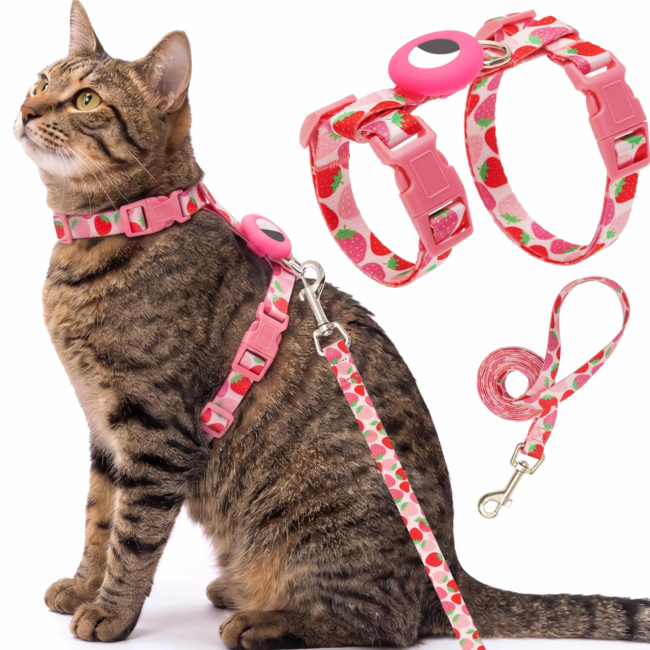Harnais et Laisse Anti-Fugue pour Chat avec Support Airtag, Motif Strawberry, Nylon réglable