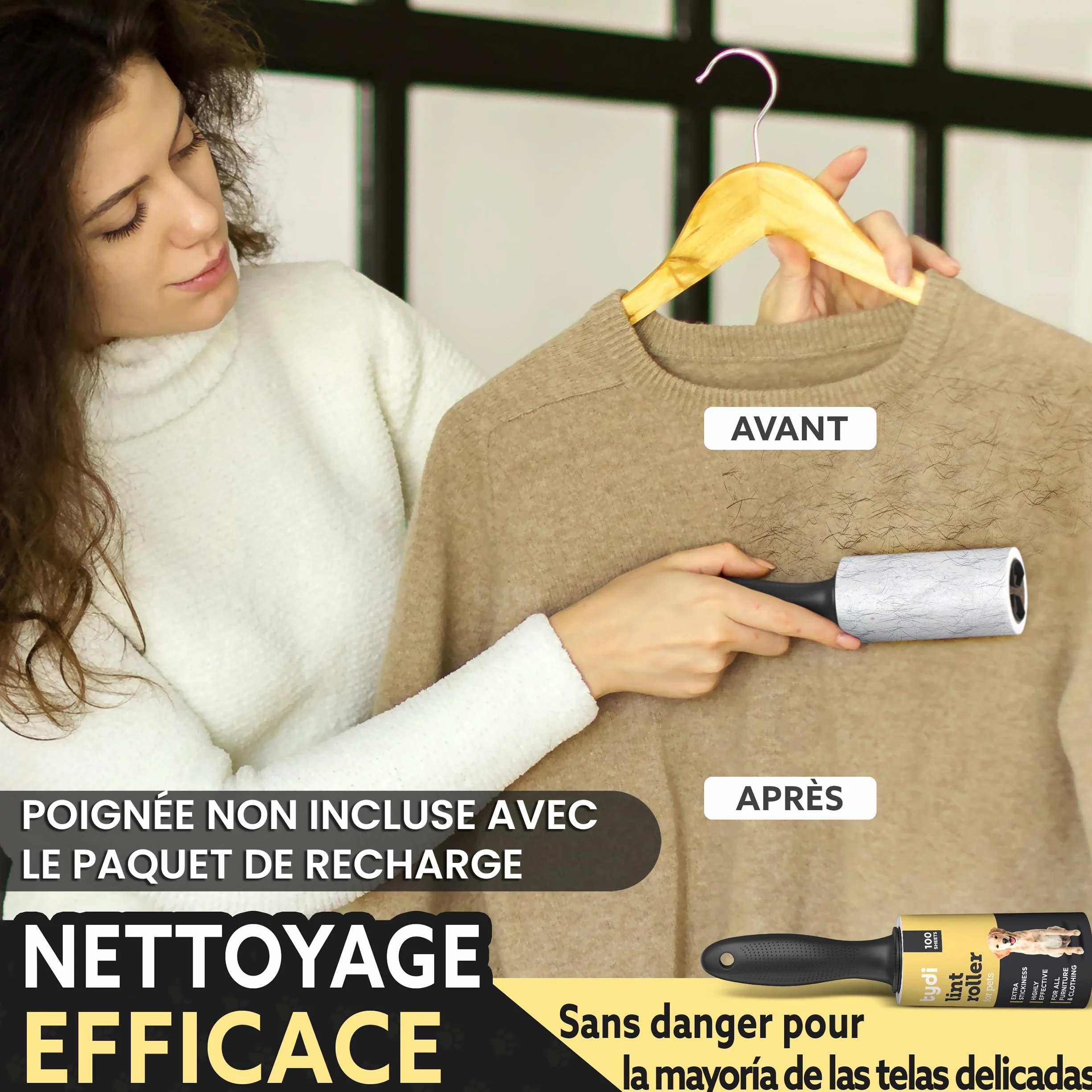 Tydi Rouleau Anti-Poils d'animaux réutilisable 600 Feuilles Brosse adhésive Recharge vêtements canapés Anti-Peluches