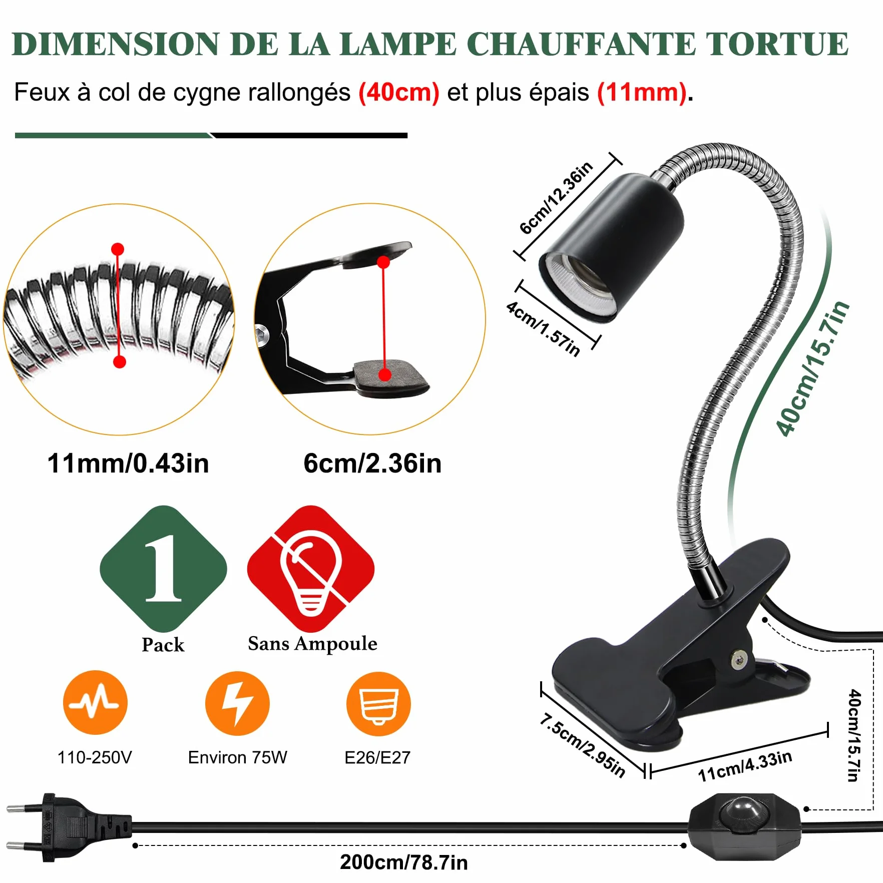 Lampe Chauffante pour Reptile avec Col de Cygne 11 mm 40 cm, Douille E27 Céramique Dimmable