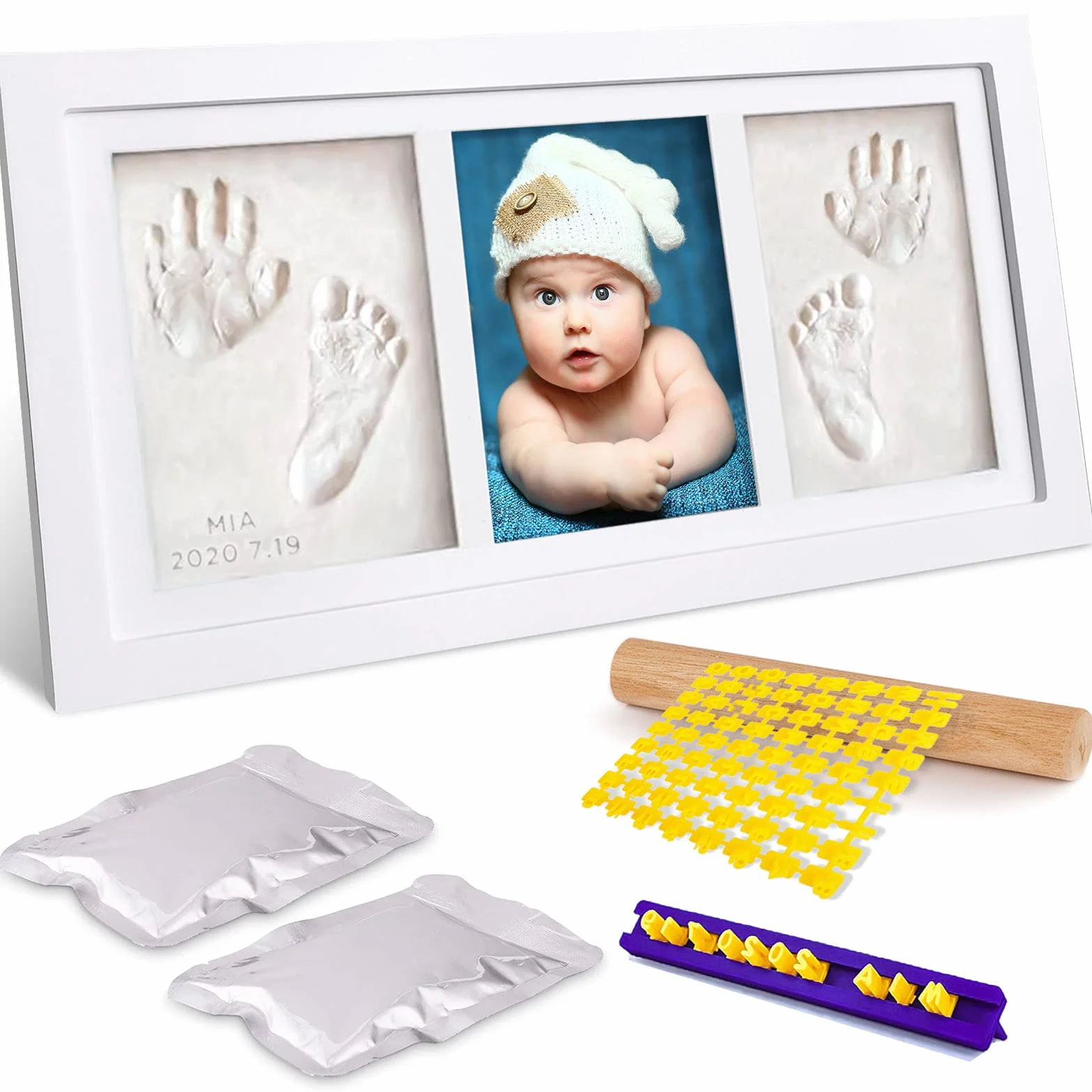 Cadre Photo pour Bébé avec Kit Empreintes Mains et Pieds, Argile et Sceau