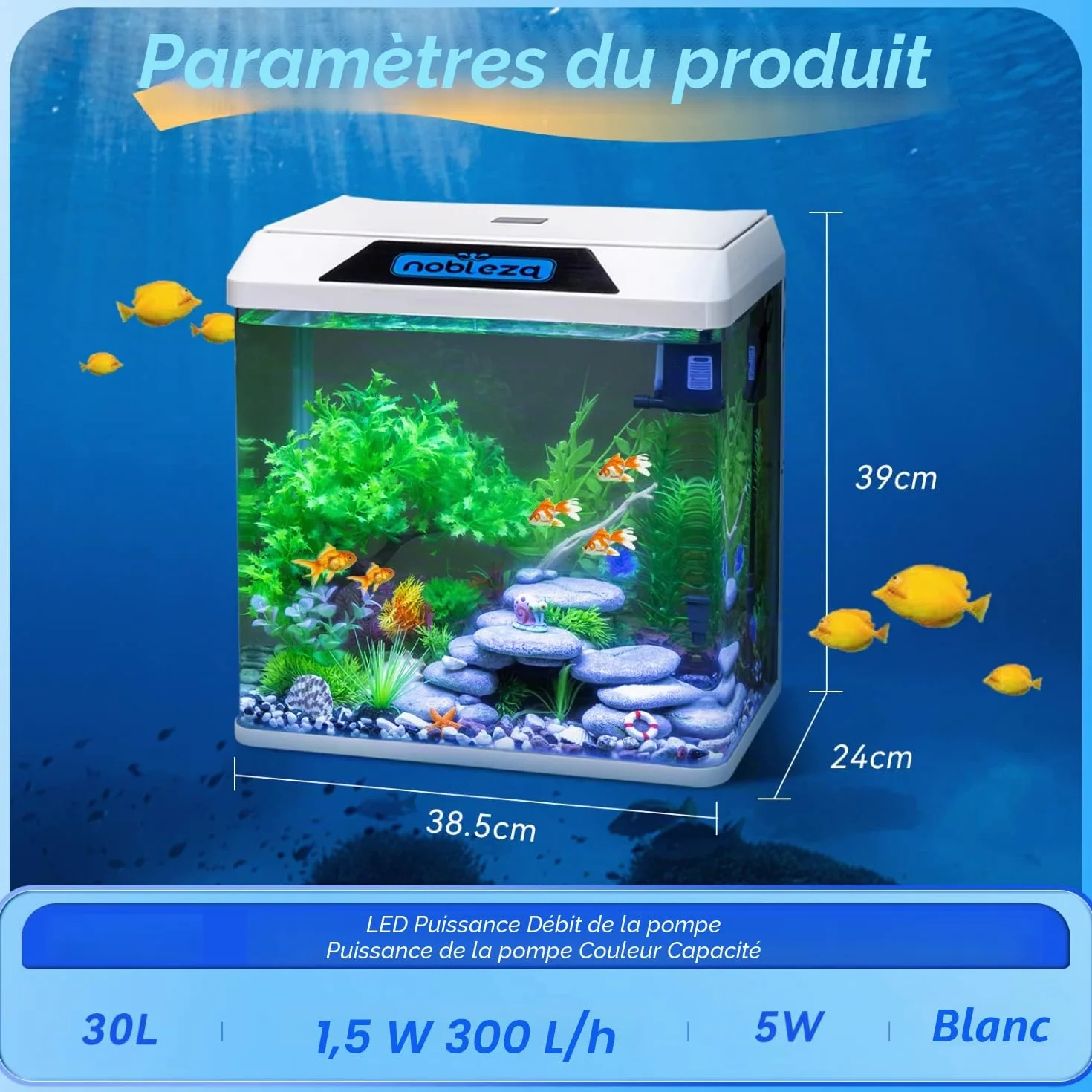 Nobleza 30L Aquarium Complet avec Filtration Intégrée LED Blanc