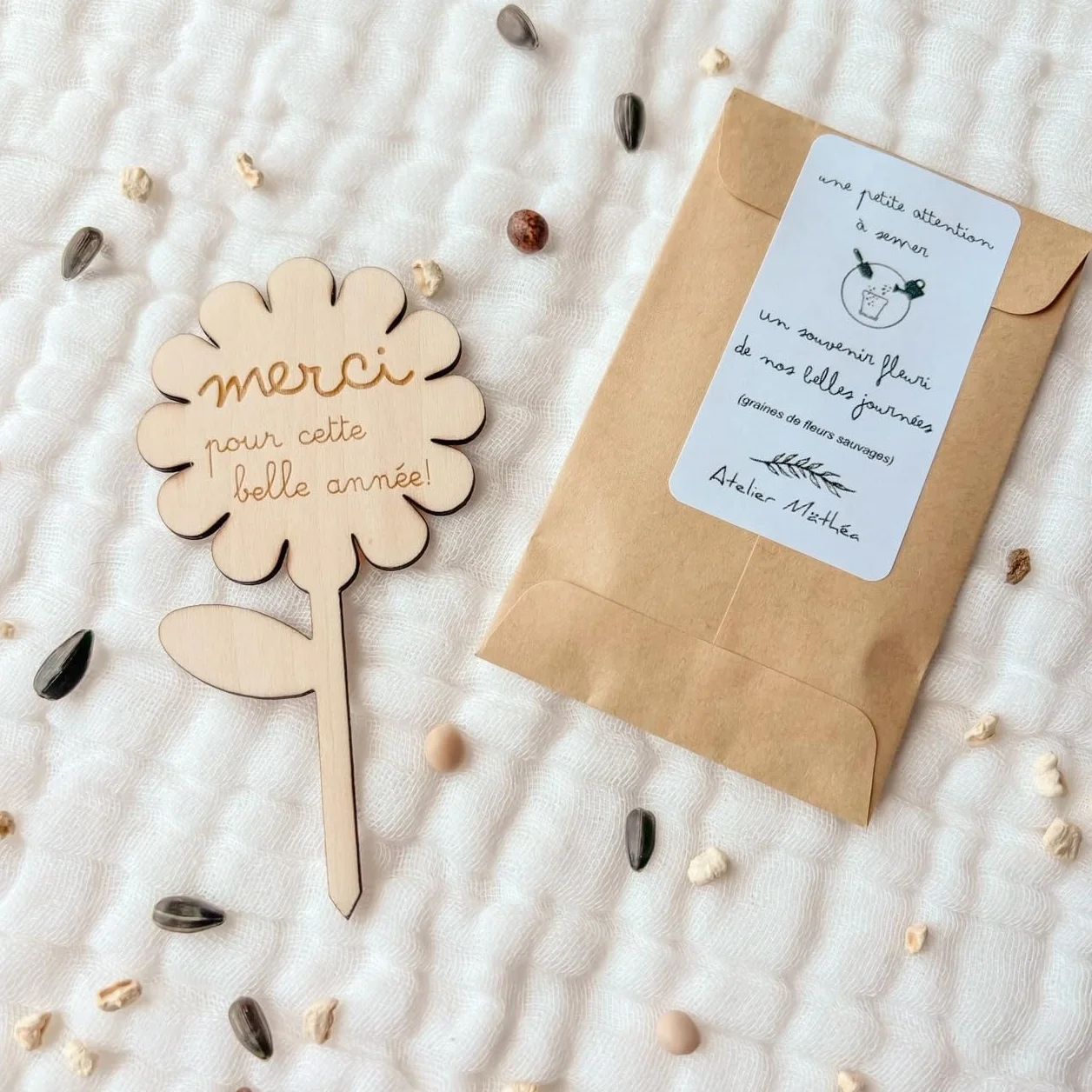 Kit Graines à Planter avec Étiquette Bois Marguerite Cadeau Fin d’Année École pour Maîtresse