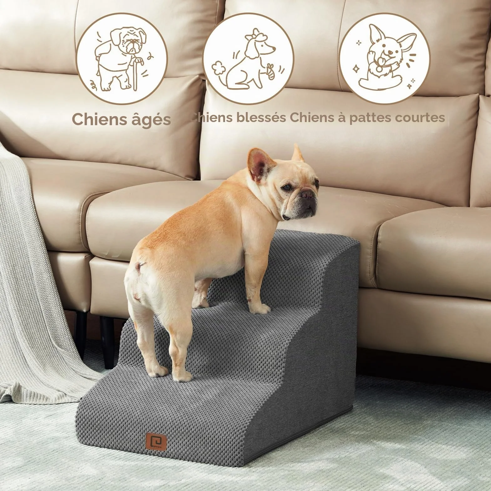 EHEYCIGA Escalier pour Chiens et Chats 3 Marches, Mousse Haute Densité, Antidérapante, Housse Amovible et Lavable, Gris