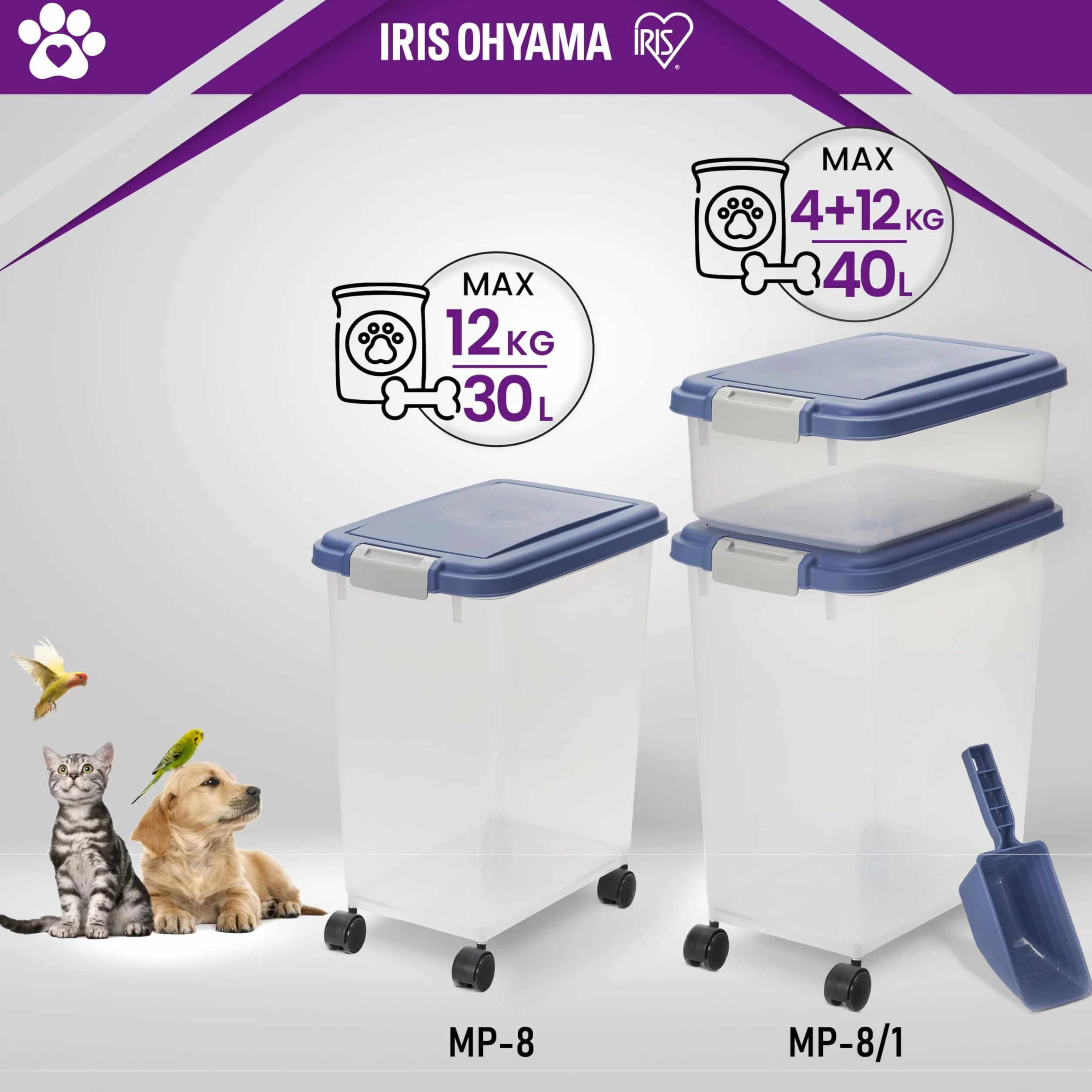 Iris Ohyama Boite Croquettes Chat Hermetique à Roulettes 30L Plastique Bleu