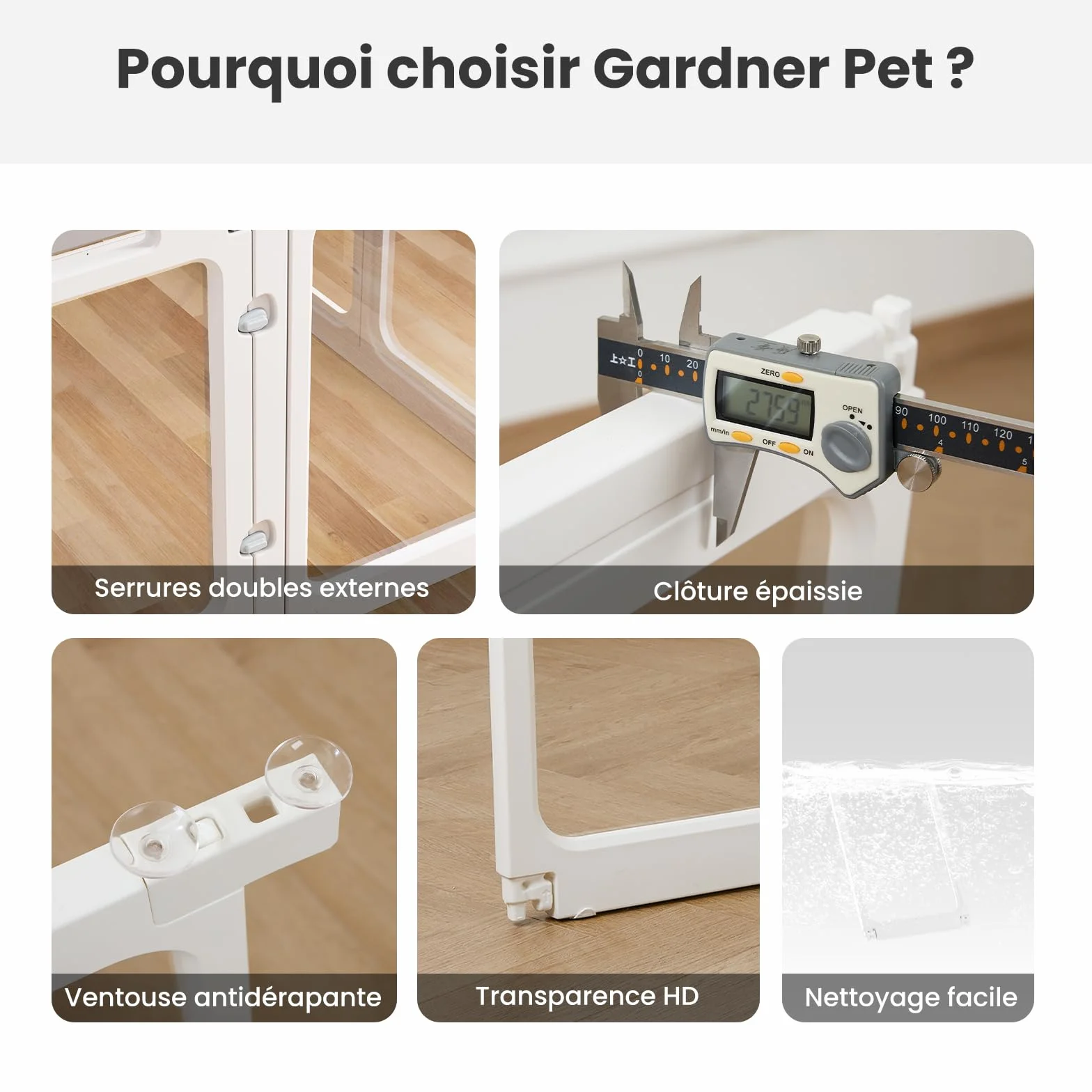 Gardner Pet Enclos pour Chien Transparent Acrylique 128x85x60cm 9 PCS + 1 Panneaux avec Porte Parc à Chiot Modulable Intérieur Blanc
