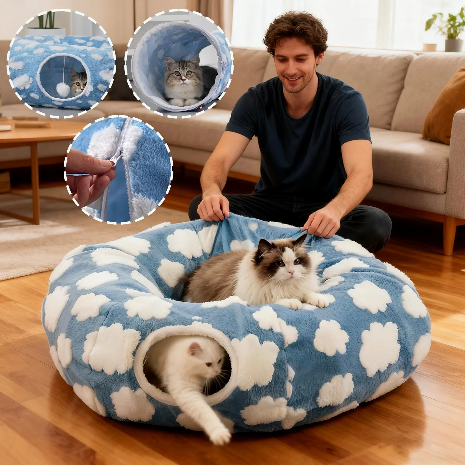 Tunnel De pour Chat Nid Lavable et Mignon | Tunnel Lit Mignon Pour Chat Pour Chaton Chiot Petit Chien Lapin Enrichissement Animaux Intérieur Chambre Salon Décoration