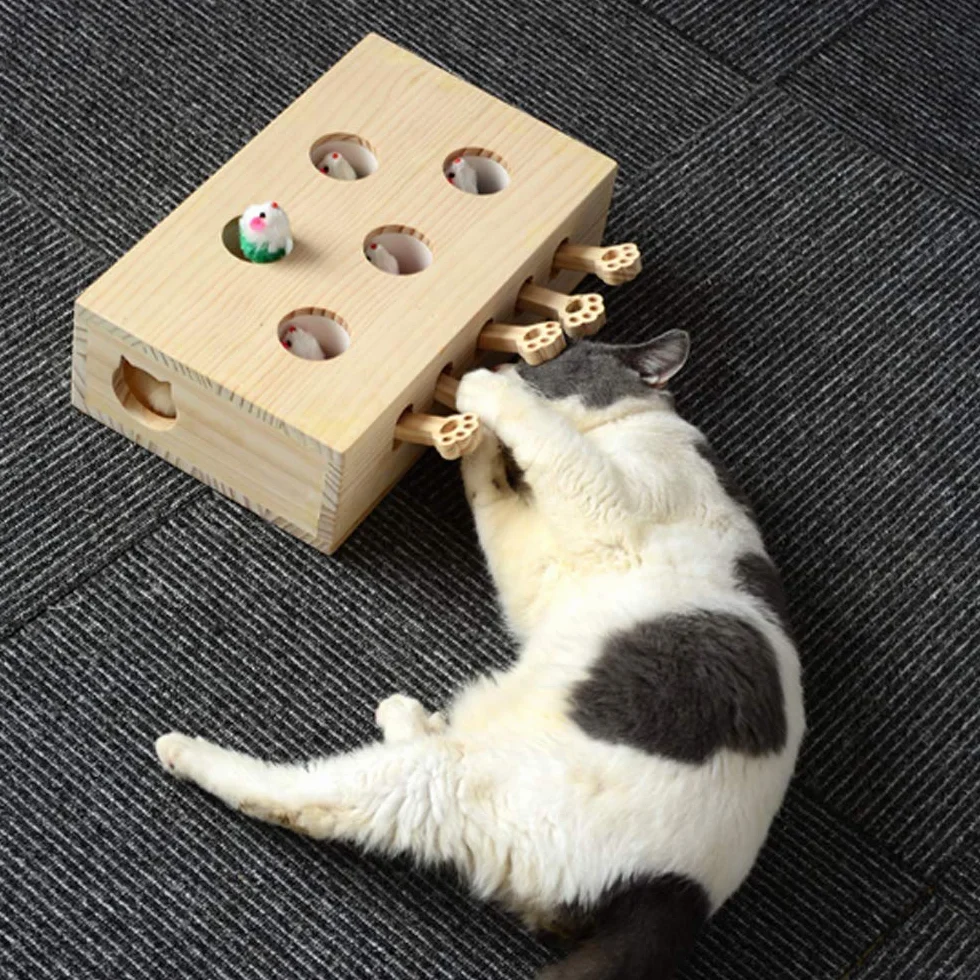 Jouet interactif pour Chat, Bois, Jouet, Taupe Souris, boîte à Puzzle avec Jouets de Dessin animé Mignon pour Chat, Chasse, Jeu, Exercice, gratter - 5 Trous,A