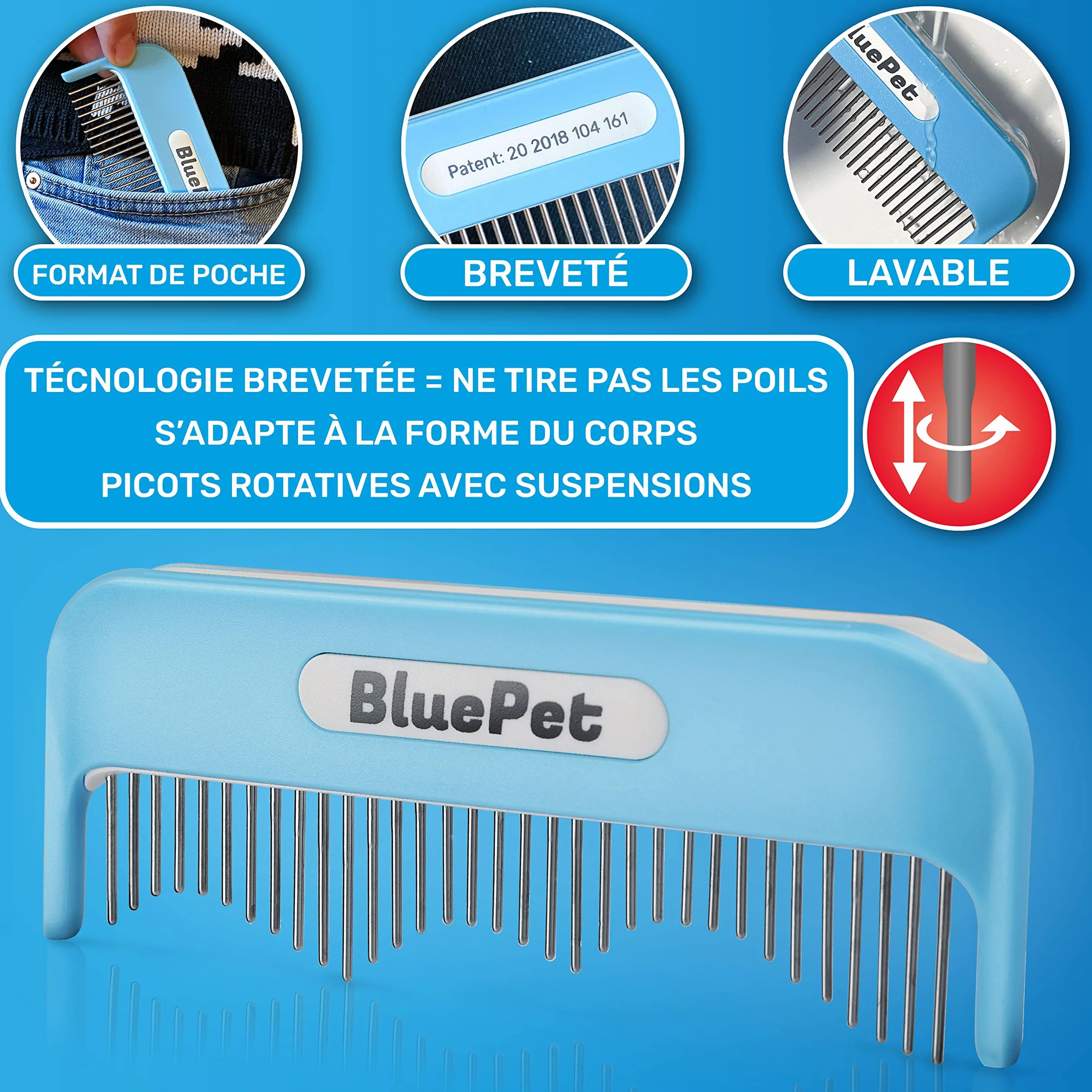 BluePet Peigne Magique Pour Chien & Chat à Poil Long, Brosse Anti Nœud avec Dents Rotatives