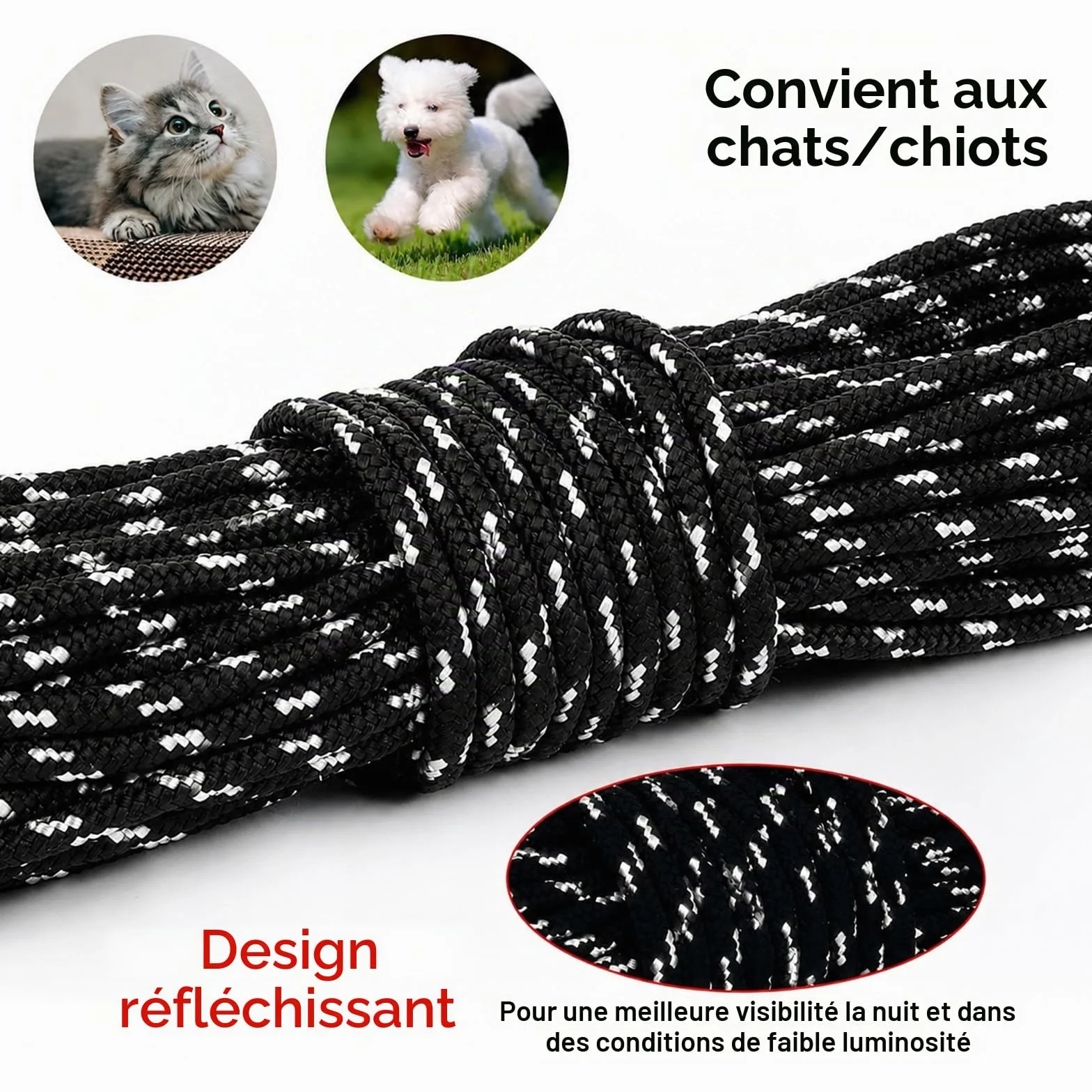 Laisse Longue Réfléchissante pour Chat 15 m / 50 FT pour Chatons, Chiots, Lapins