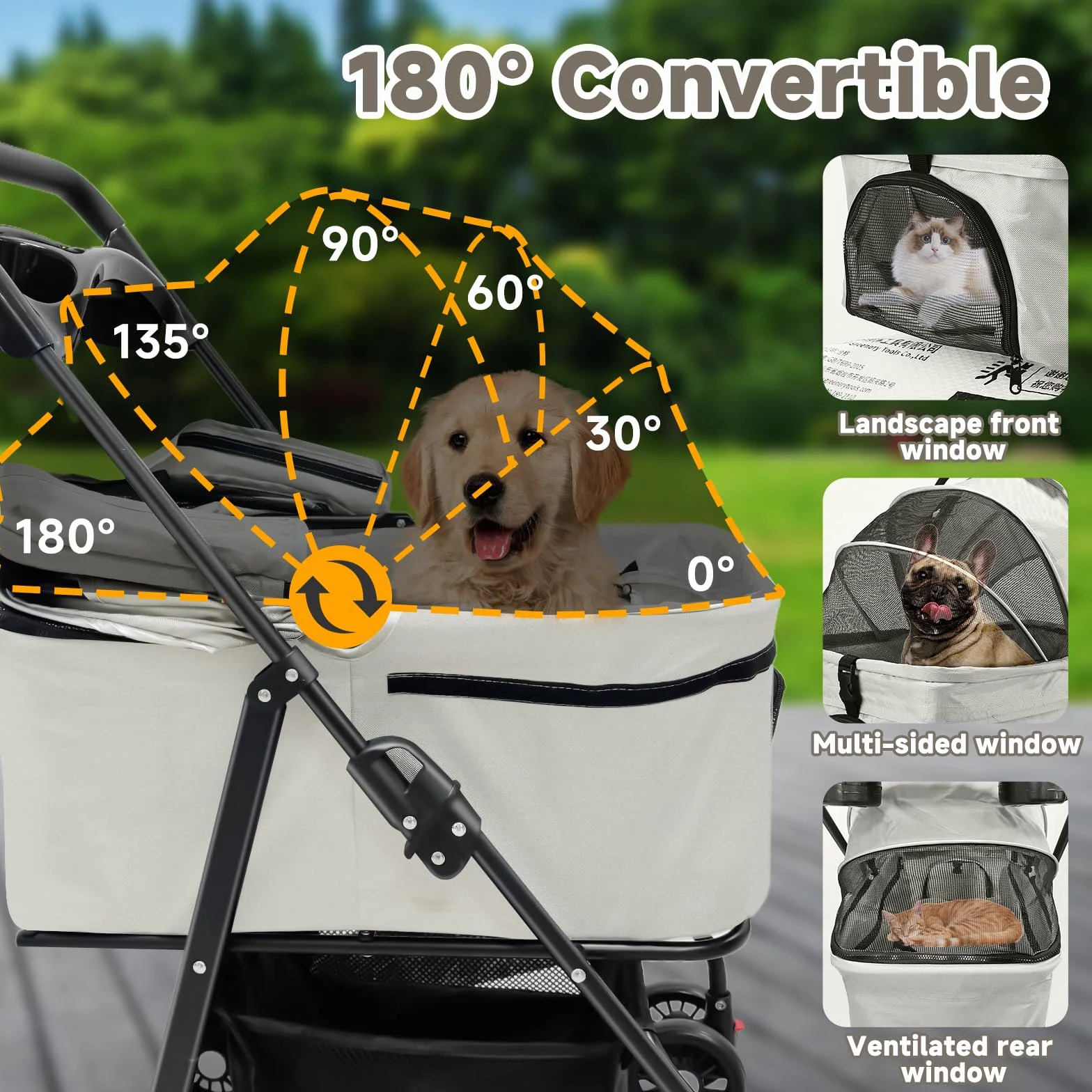 Poussette Pour Chiens et Chats De Petite Taille avec 4 Roues, Poussette 3 En 1 Pliable avec Nacelle Amovible, Mesh Respirant, Panier De Rangement et Porte-Gobelet, Jusqu'à 15 kg