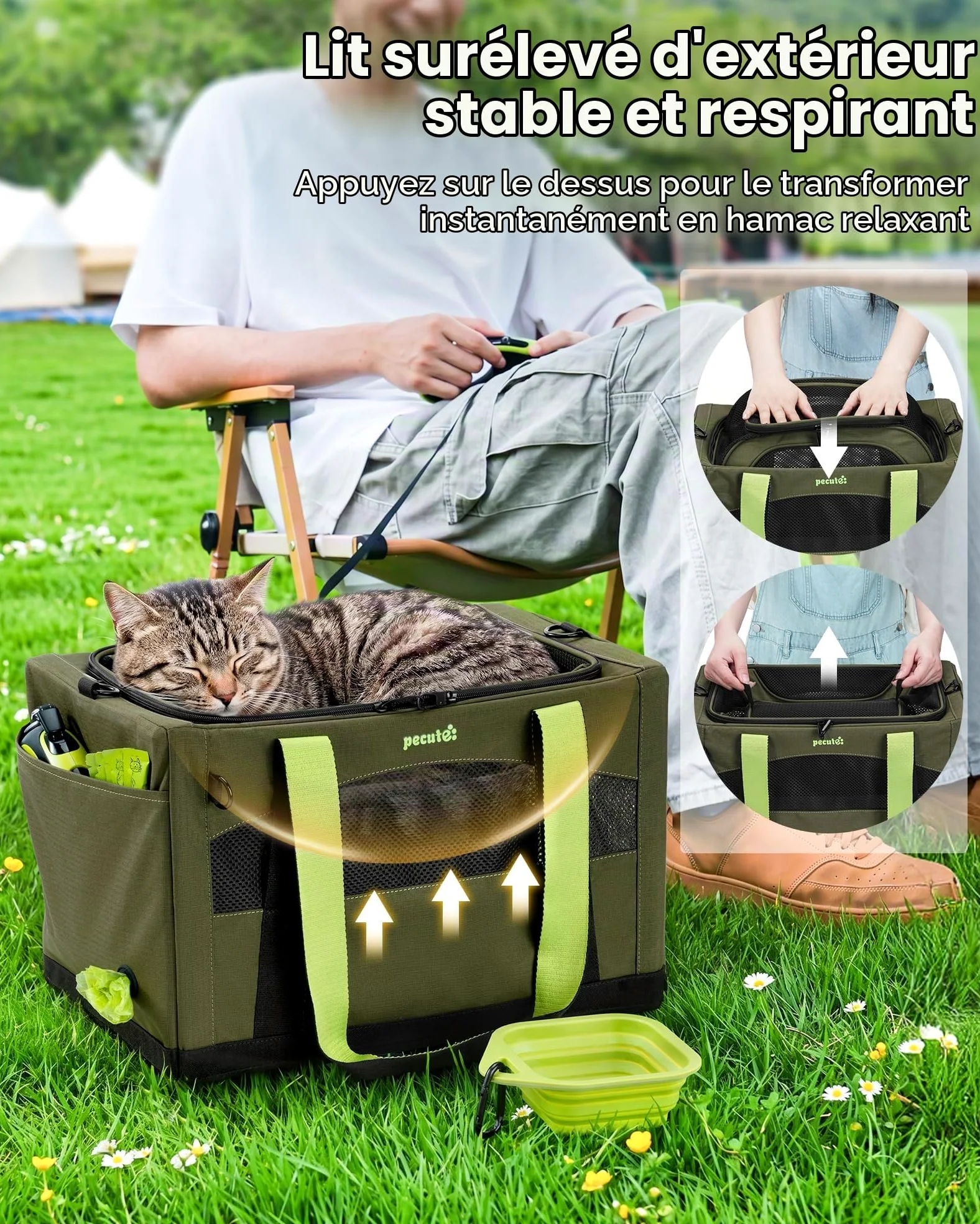 Pecute Caisse de Transport Chat et Chien Extensible, Pliable - Vert Armée | Extension Supérieure • Pliable & Respirant • Cadre Indéformable • Voyage & Vétérinaire • Pour Chats & Chiens