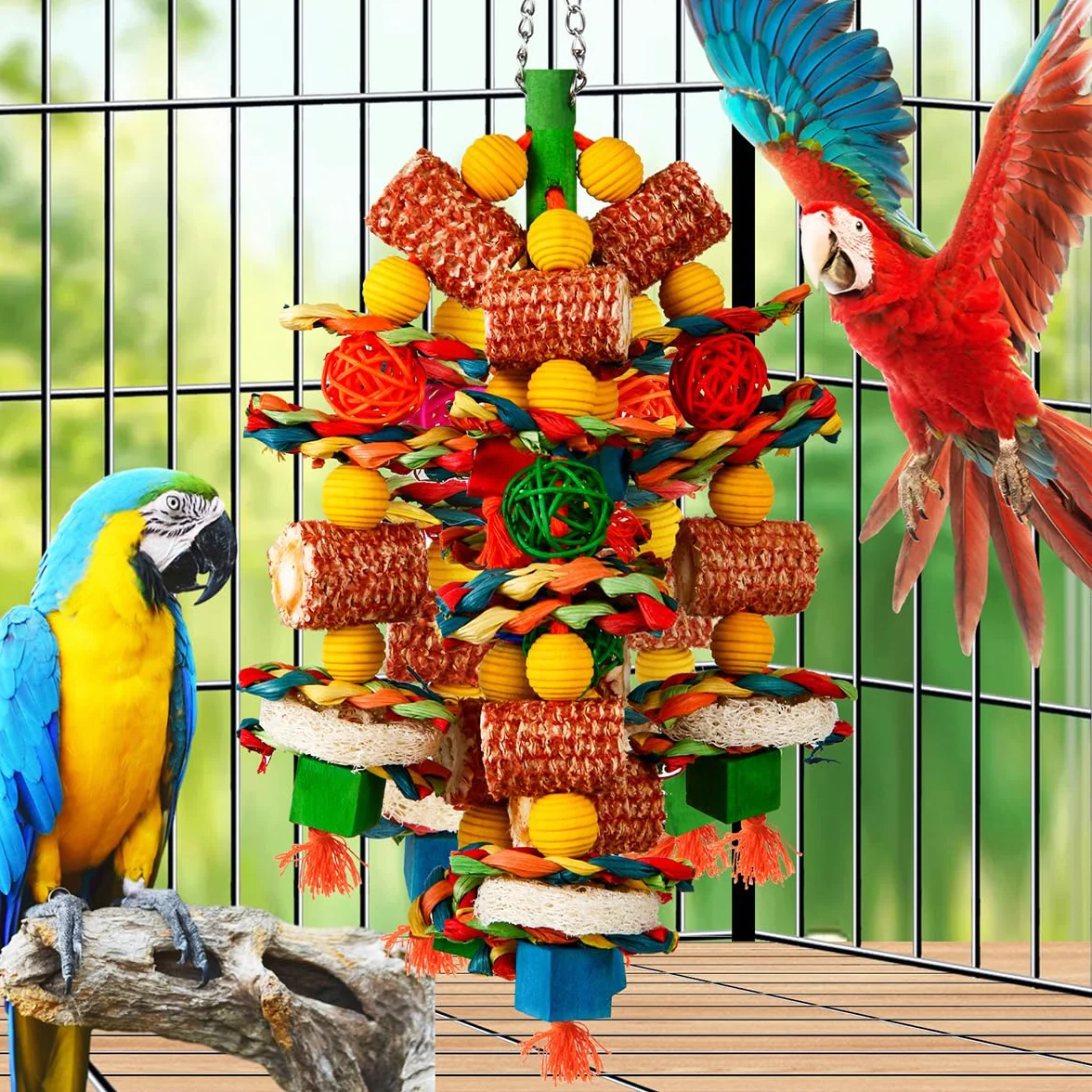 Jouets pour oiseaux, épi de maïs naturel et luffa, jouets à mâcher pour perroquets gris africains, aras, cacatoès