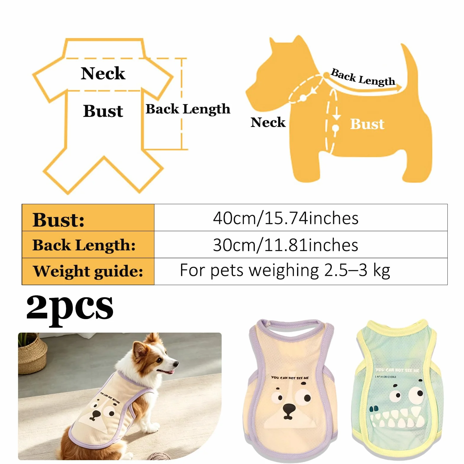 Lot De 2 Gilet Rafraichissant Chien, Taille M (Poitrine 40cm / Dos 30cm) 2,5-3kg Maillage Respirant
