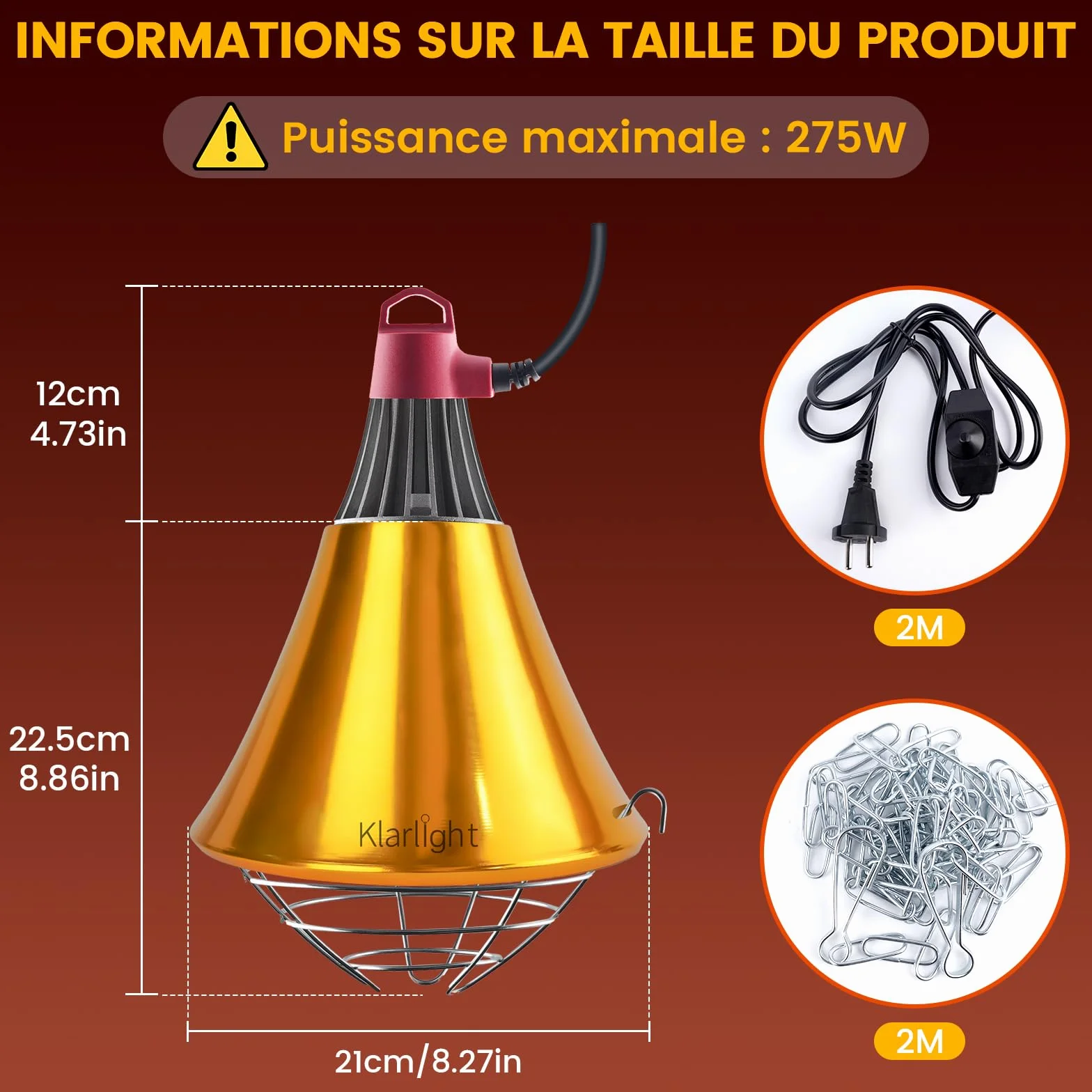 Klarlight Chauffante Infrarouge Dimmable 275W avec Grille de Protection, Câble 2m pour Poulailler Poussins Cochons (Sans Ampoule)