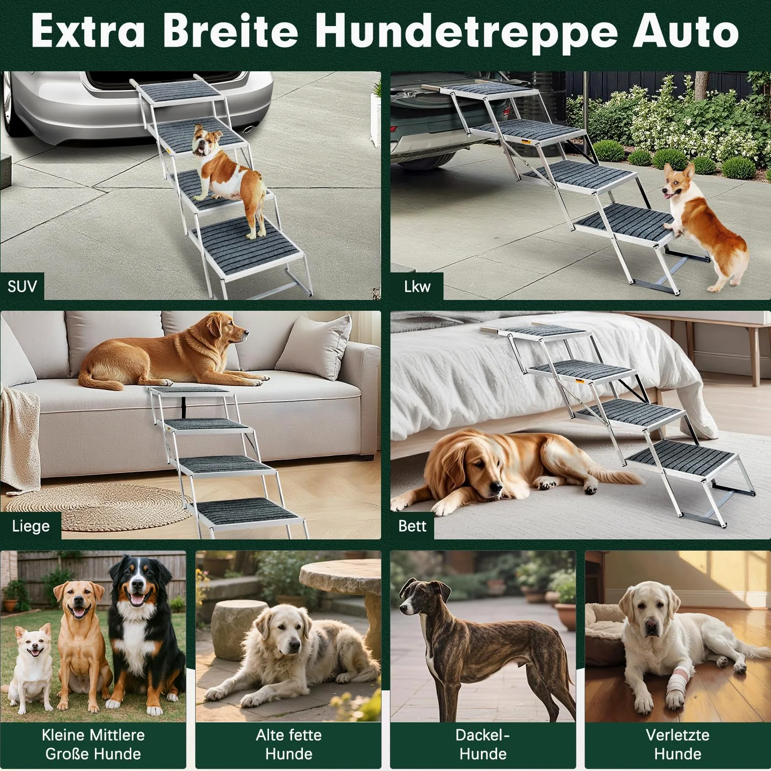 Escalier pour chien de voiture avec tapis, extra large à 4 marches, pliable, léger et antidérapant, pour camion et SUV, supporte jusqu'à 100 kg