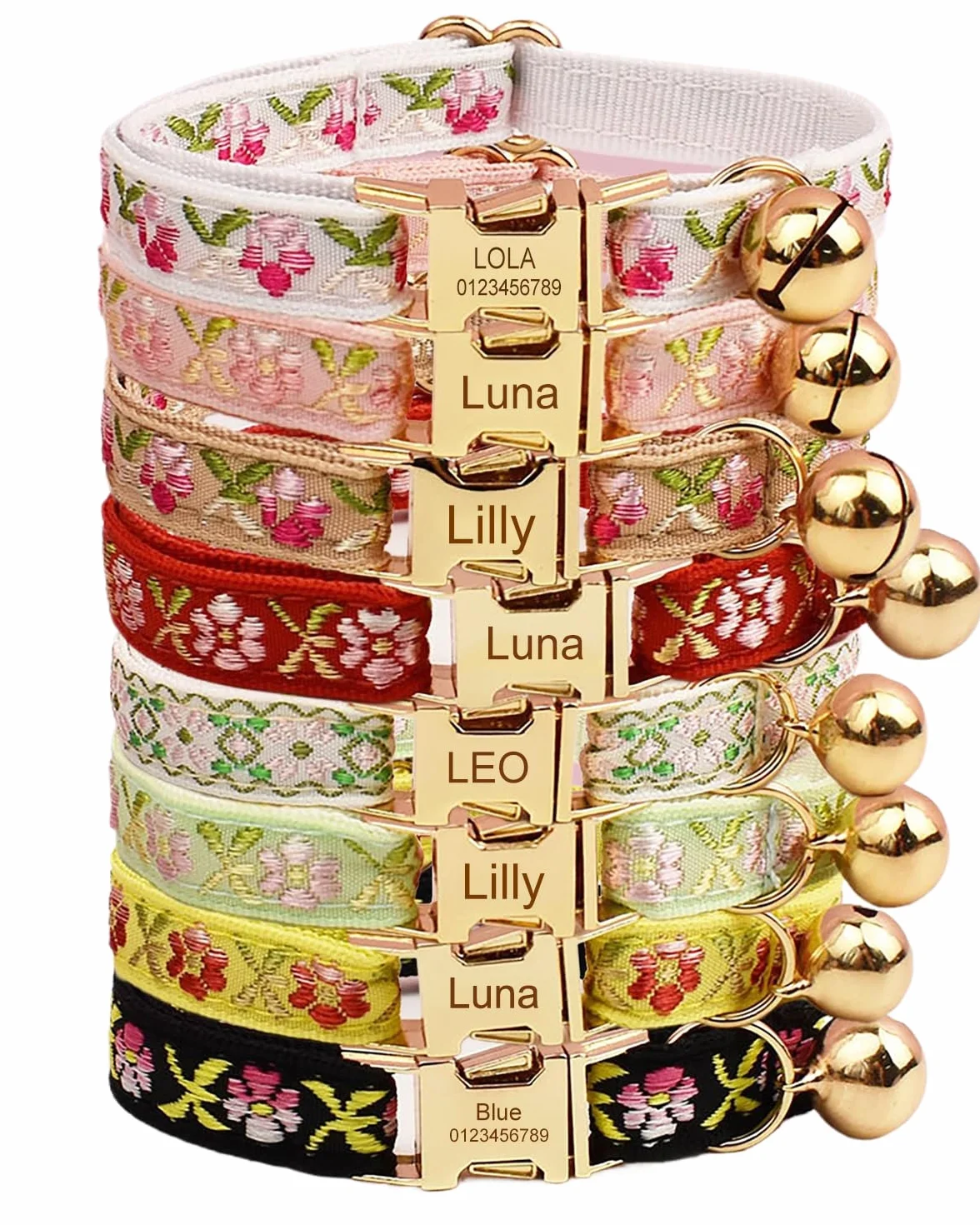 Collier personnalisé pour chat avec nom et numéro gravés, boucle métal, réglable (jacquard floral)