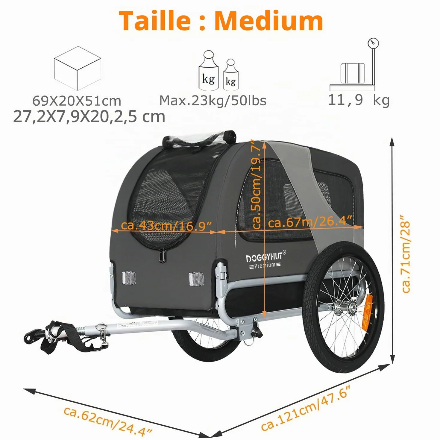 DOGGYHUT® Remorque de vélo pour chiens 23 kg pliable