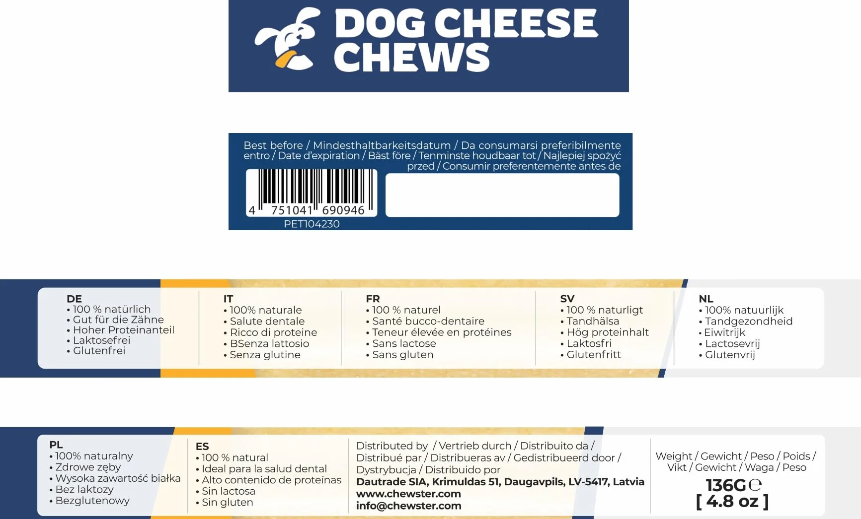 Os à mâcher au Fromage pour Chien - Snacks longue durée, Lait Naturel (136 g, Taille S, Lot de 4)