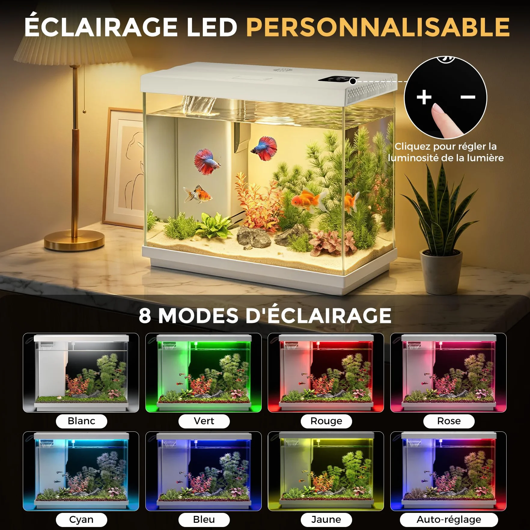 Petit Aquarium 8,3 L pour Combattant avec Filtre 4 en 1 et Pompe silencieuse, éclairage LED 8 Couleurs réglable