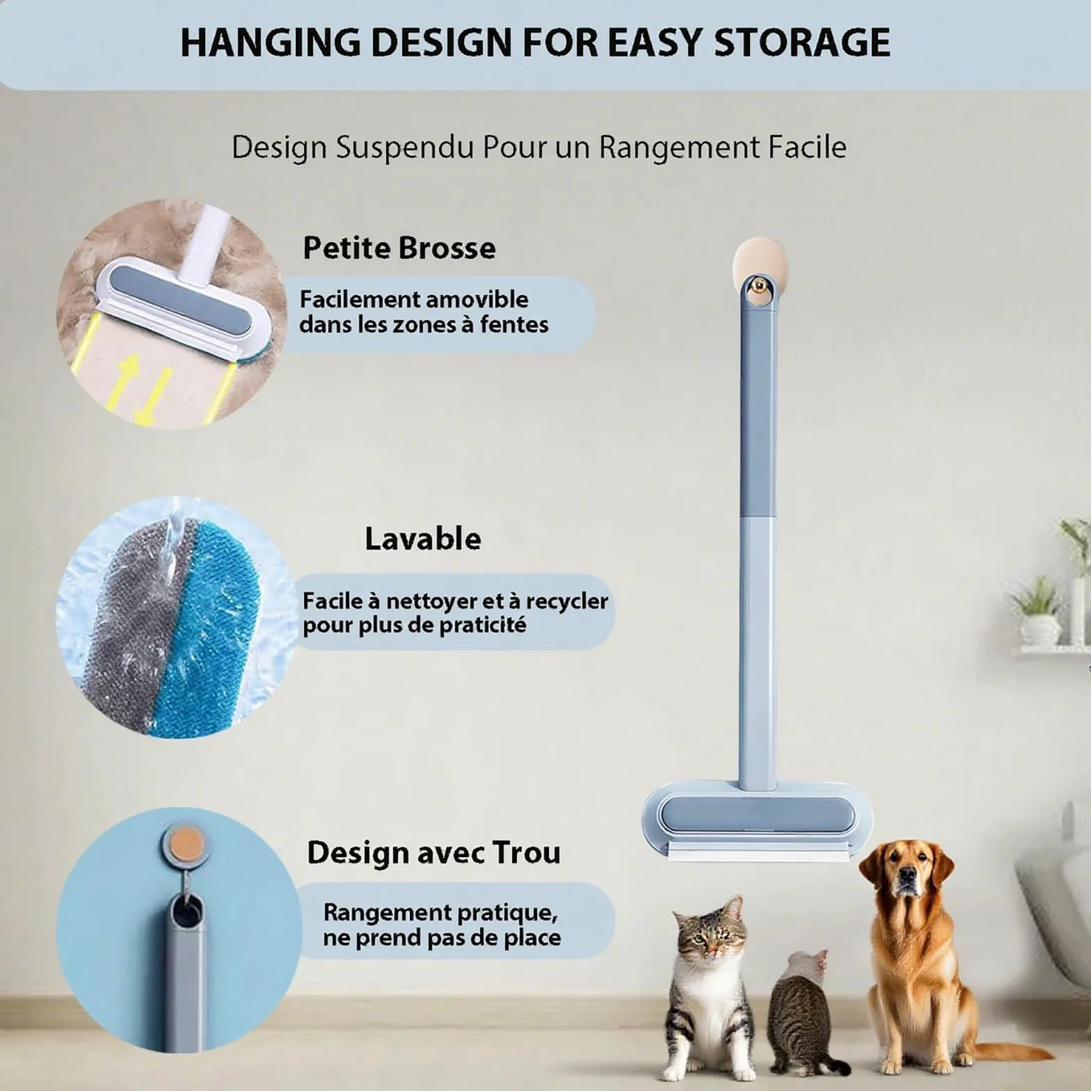 Brosse Anti Poils Animaux Réutilisable 44cm Extensible pour Chat Chien Bleu