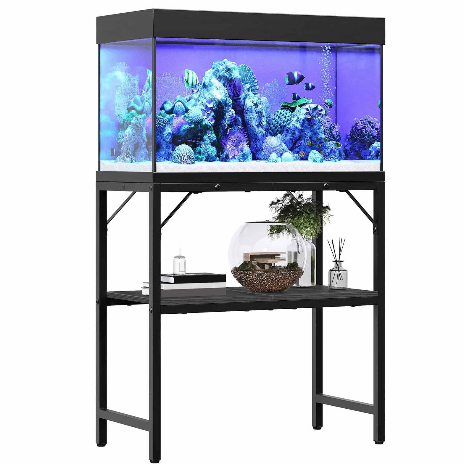 MAHANCRIS Support d'aquarium 20 gallons, 2 étagères, 61 x 30 x 62 cm, Noir