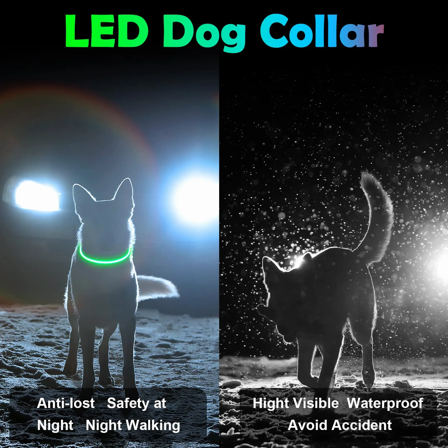 Collier lumineux à LED pour chien rechargeable USB longueur réglable étanche 3 modes vert