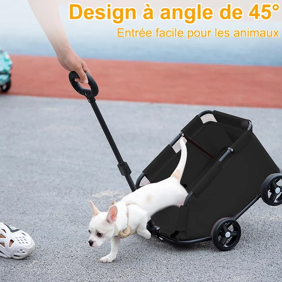 Poussette pour chiens pliable pour animaux de compagnie miniature,chariot pour chien,avec barre de poussée réglable, design ouvert, coussin, sac de rangement et roulettes