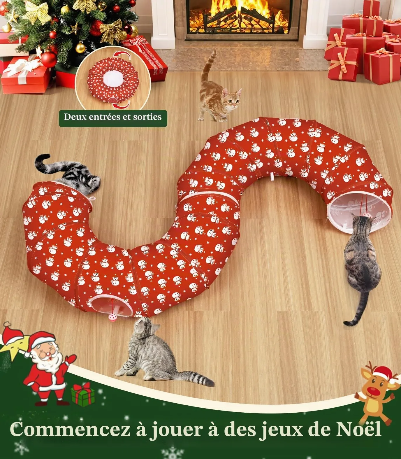Pawaboo Lit Tunnel Noël Chat 35,4", Bonhomme Neige | Tunnel avec tapis, balles en peluche et grelots pour jouer, se cacher et se reposer.
