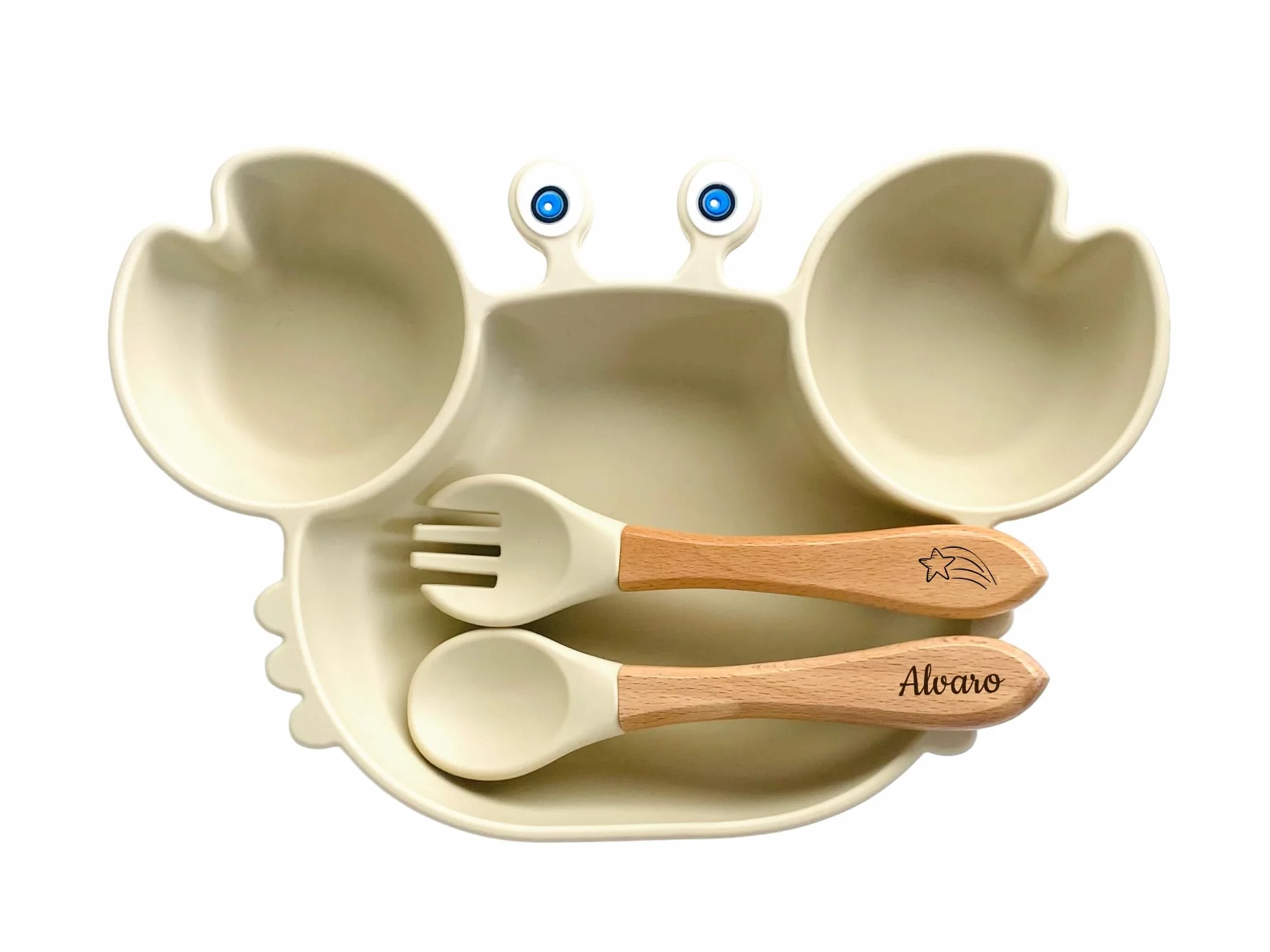 Ensemble repas enfant assiette ventouse couverts personnalisés kit coffret diner beige