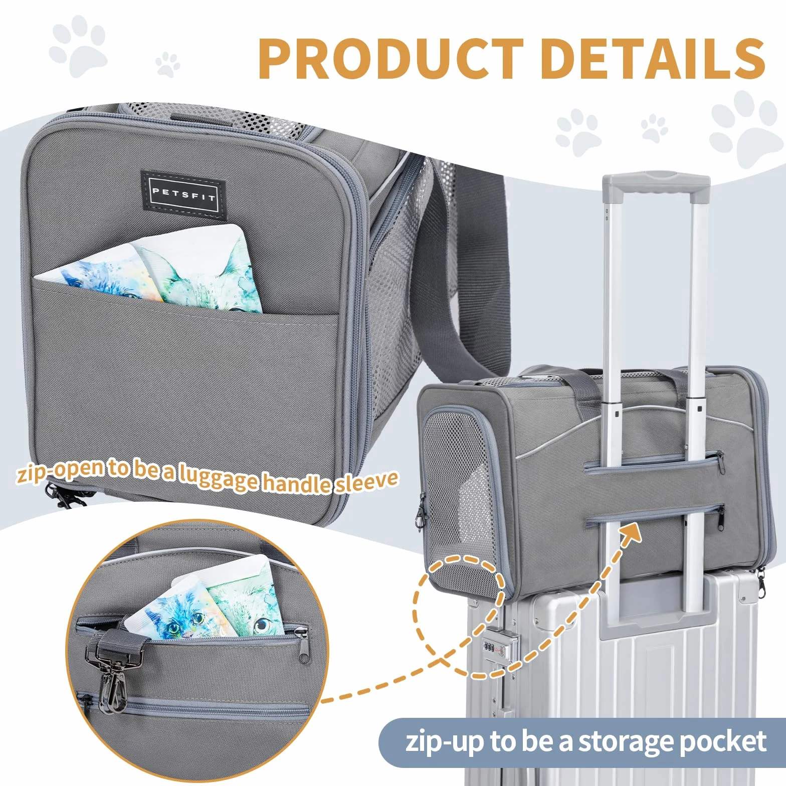 Petsfit Sac de Transport Démontable Lavable avec 2 Coussins pour Chien Chat - Caisse de Transport Pliable Bandoulière pour Voyage Avion, Voiture - S/Gris