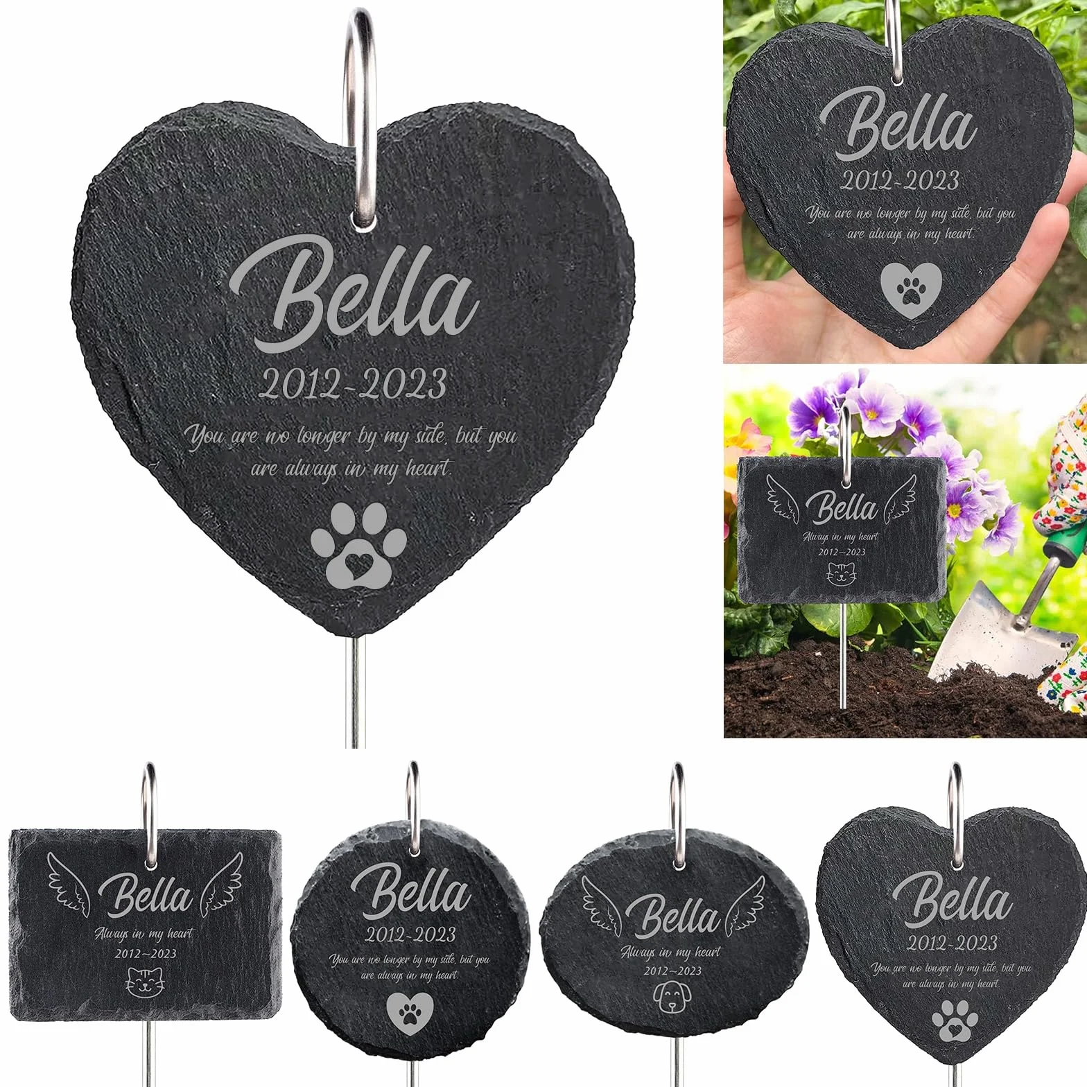 NIBESSER Plaque funéraire personnalisable pour animaux avec piquet crochet, nom personnalisé, message, motif, date, pierres tombales gravées chien chat