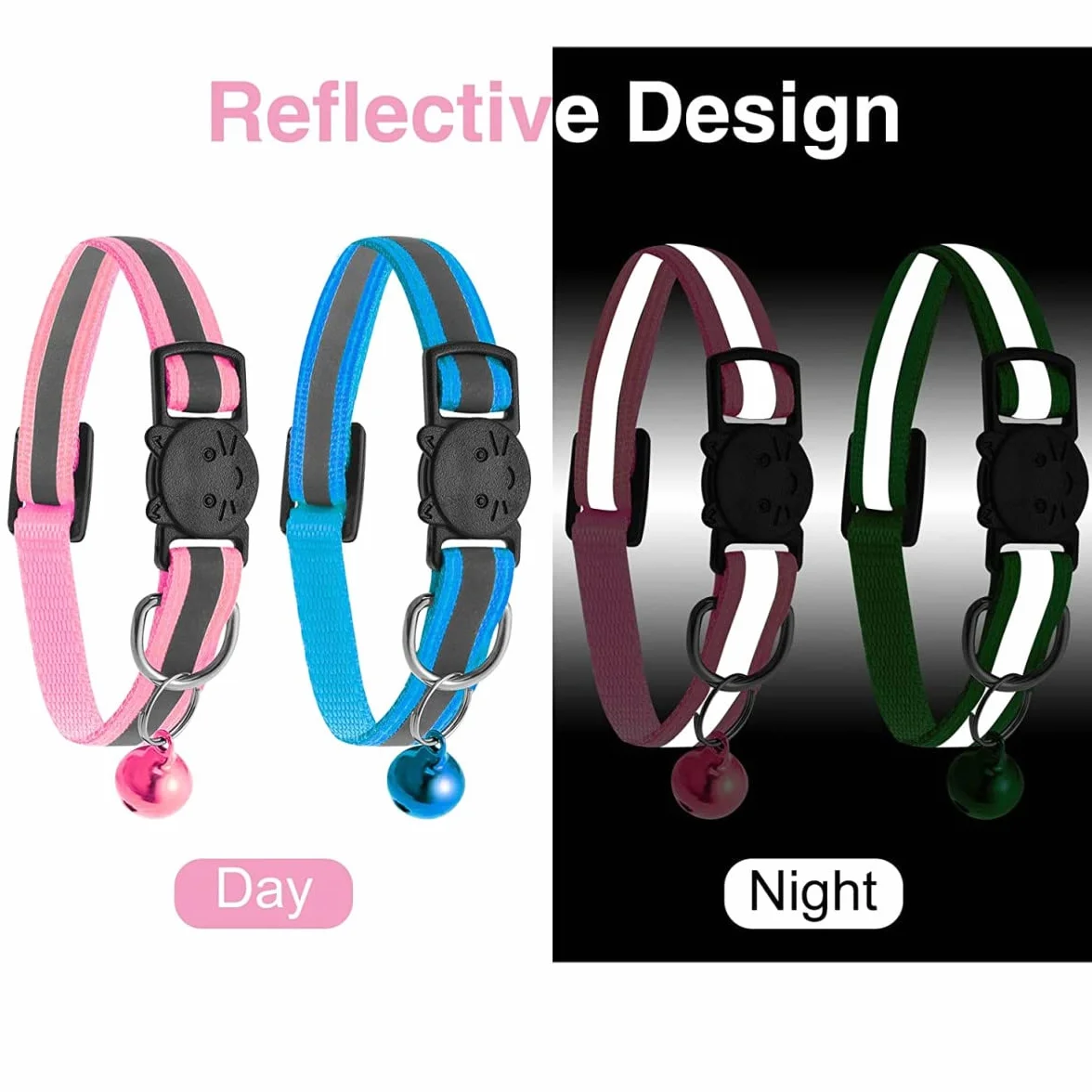 Collier Chat Réfléchissant 4 Pièces Réglable Anti Étranglement avec Clochette et Boucle de Sécurité