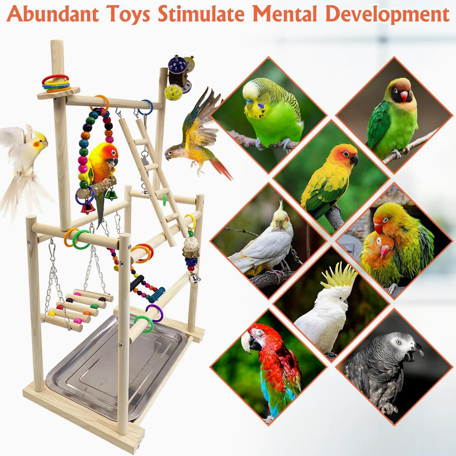 Hamiledyi Aire de jeux pour oiseaux en bois naturel – Grand perchoir à 3 niveaux avec plateformes d'exercice durable pour perroquets, calopsittes et petits oiseaux Stand avec échelles et balançoires