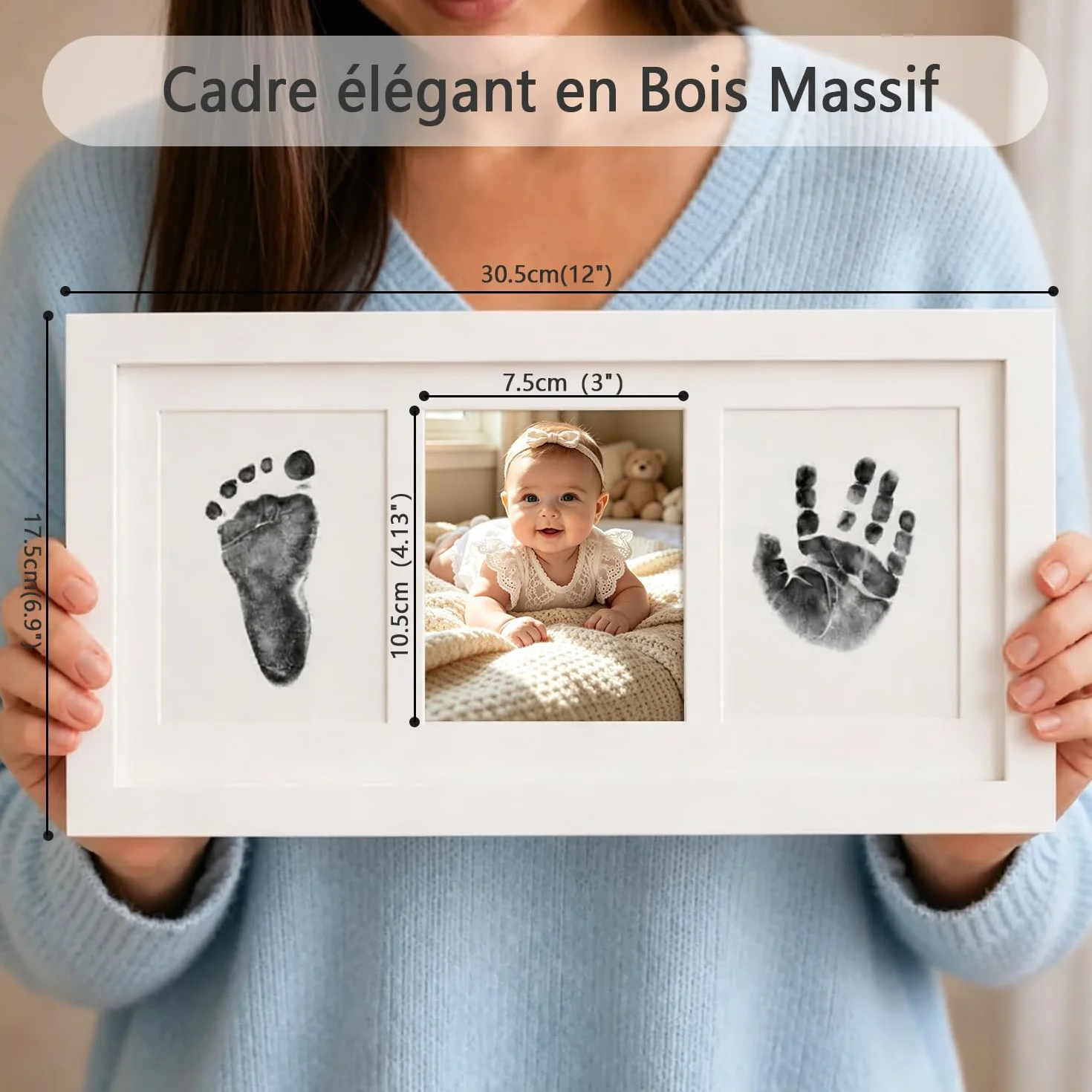 Cadre Empreintes Bébé Encre avec Tampon Encreur Clean Touch Non Toxique Cadeau Bébé Blanc