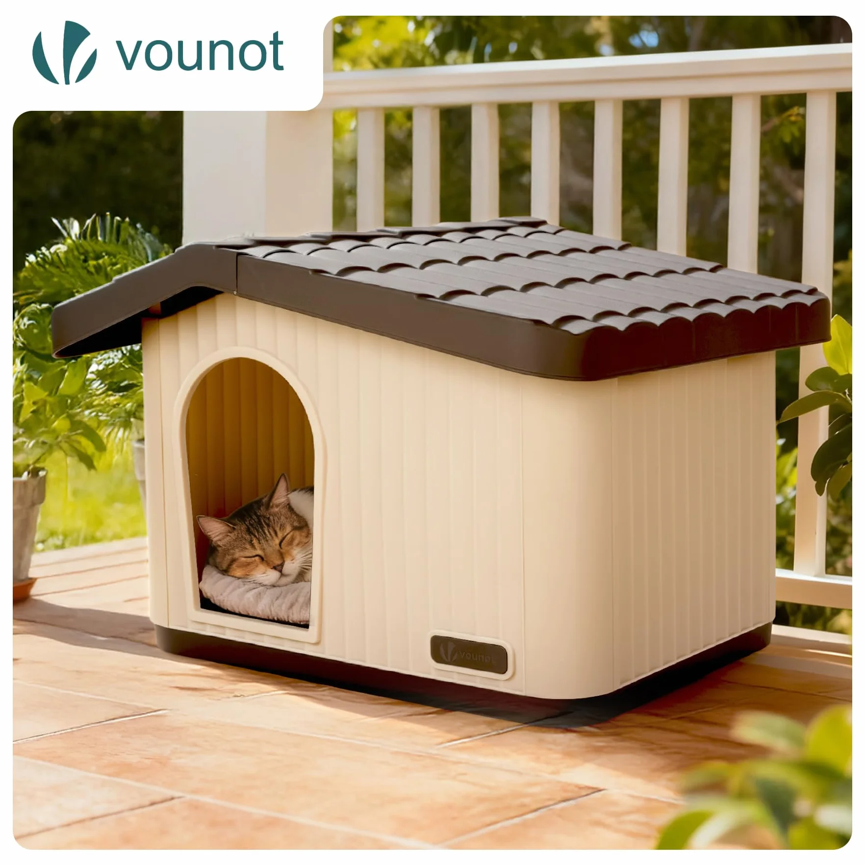 VOUNOT® Maison pour Chat Imperméable 60x51x41cm Niche Extérieur Intérieur avec Toit Incliné Aération Pieds Antidérapants Beige