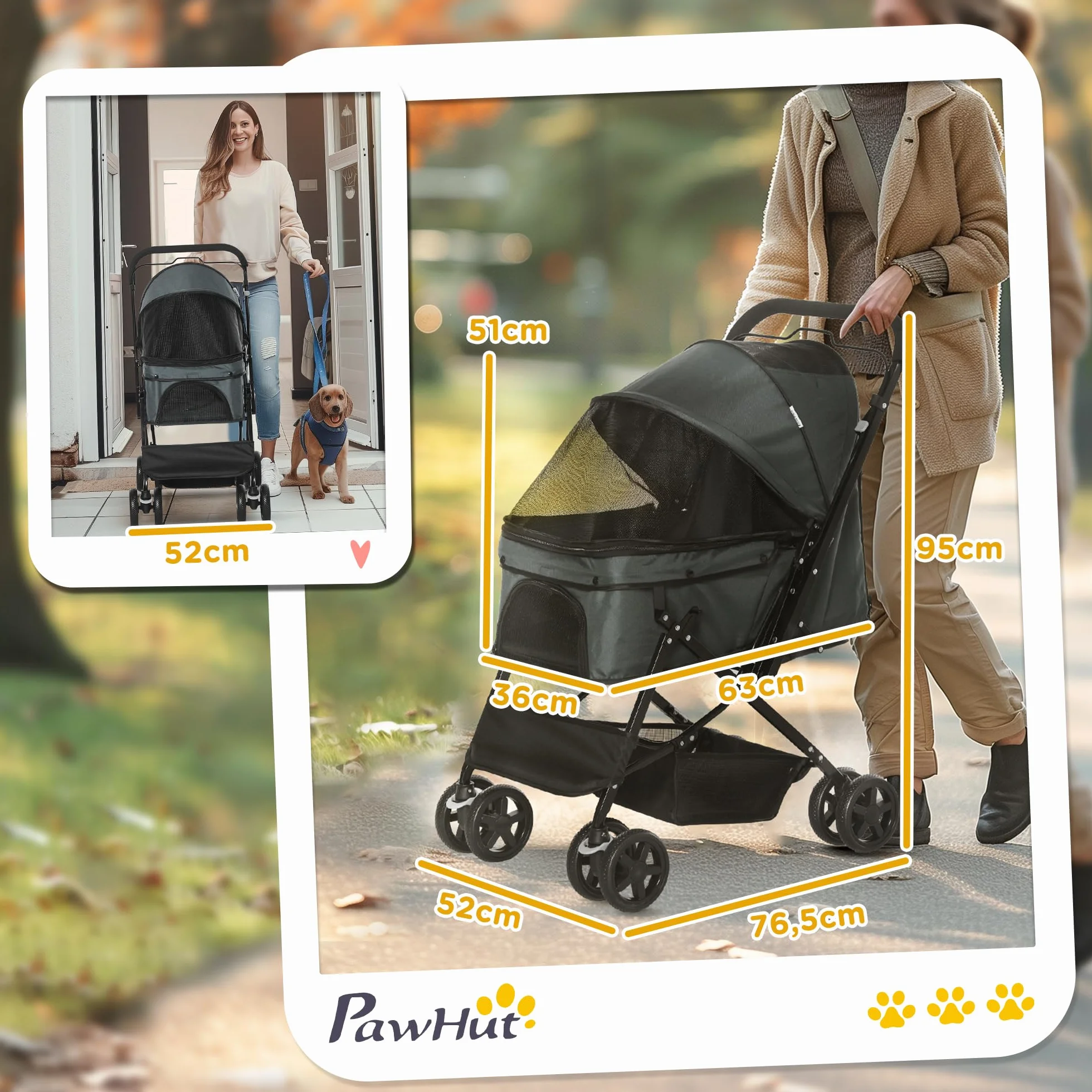 PawHut Poussette pour chien animaux de compagnie pliable avec 4 roues EVA guidon réglable panier et pochette de rangement - 76,5 x 52 x 95 cm gris