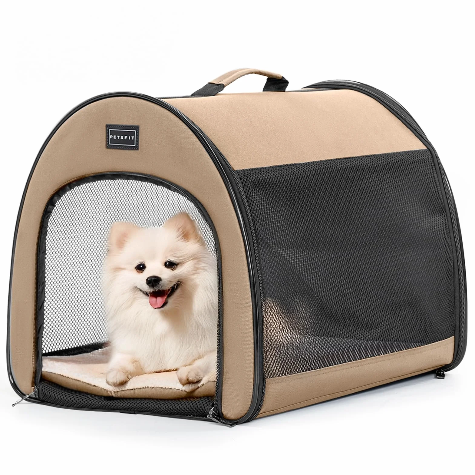 Petsfit Cage pour Chien Pliable pour Petits Chiens et Chats, Cage Chien à Domicile avec Design bombé, Caisse de Transport Chien avec Fermeture éclair Anti-Ouverture et Coussin en Peluche,S,Kaki