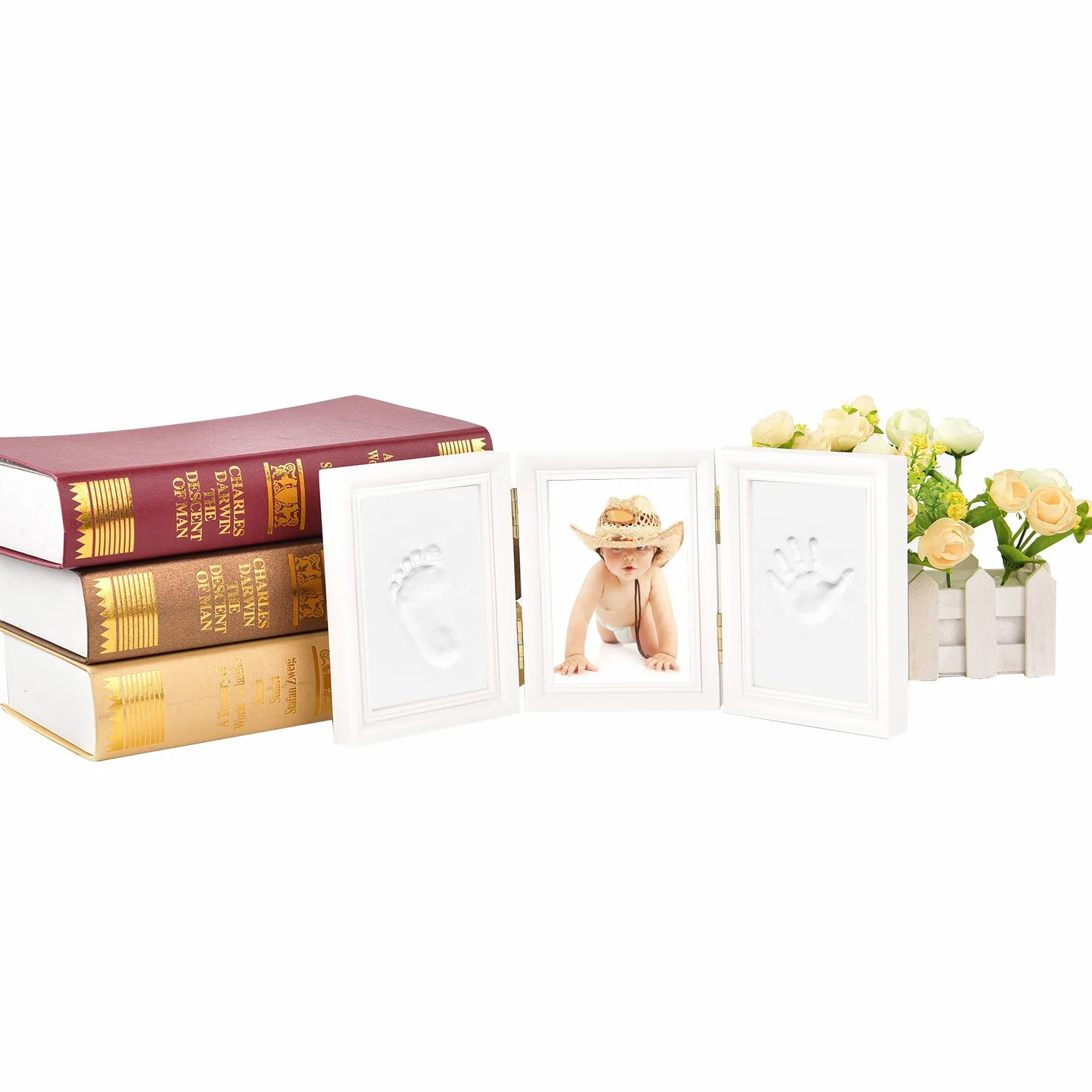 Empreinte de La Main Cadre Photo Kit pour Garçons Cadeau de Douche de Bébé 3 Parties Blanc