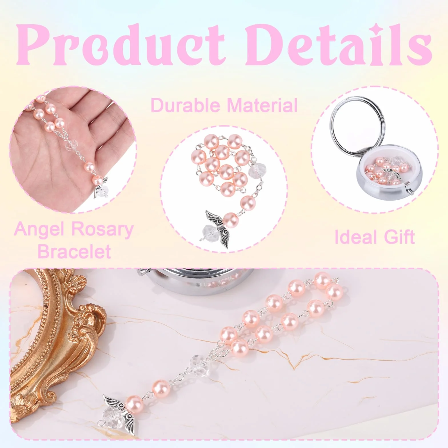 Coffret Cadeau de Baptême Mon Premier Chapelet avec Chapelet et Bracelet Ailes d'Ange Perles Catholiques Rose