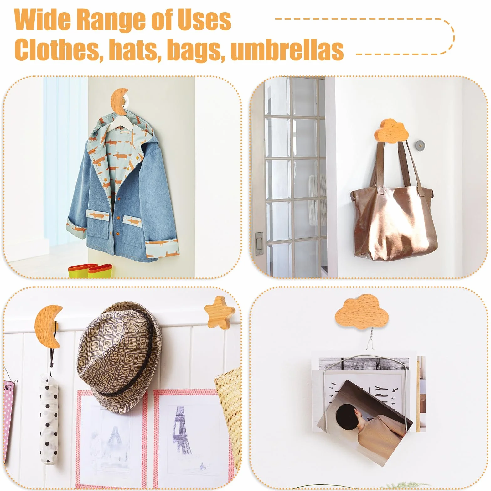 Lot de 6 boutons d'armoire en bois pour chambre d'enfant - Étoiles, lune, nuages - Poignées en bois