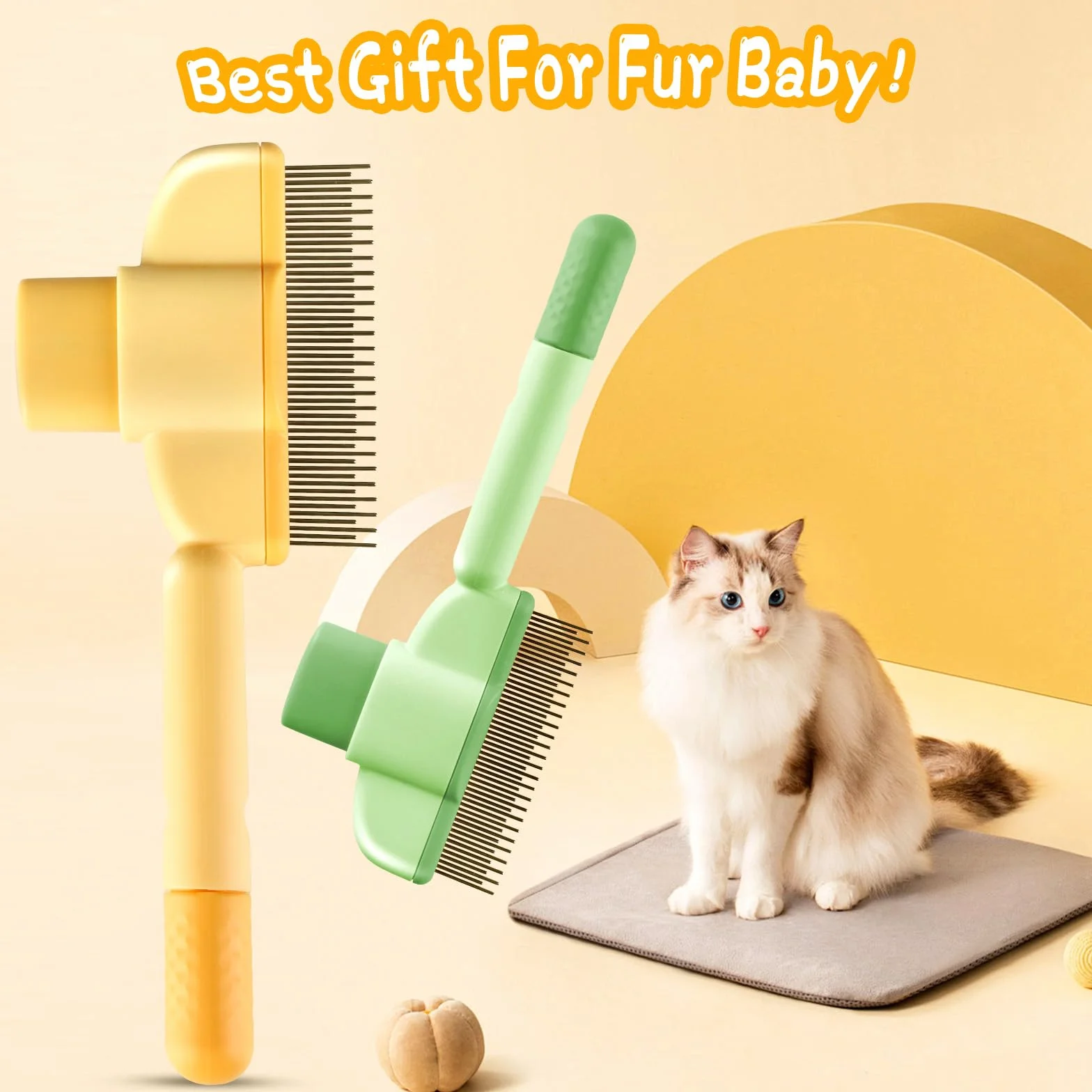 Peigne de Toilettage pour Chat avec Bouton D'épilation, Anti Puces, Brosse pour Chat, Nettoyage Rapide des Poils, Vert et Jaune
